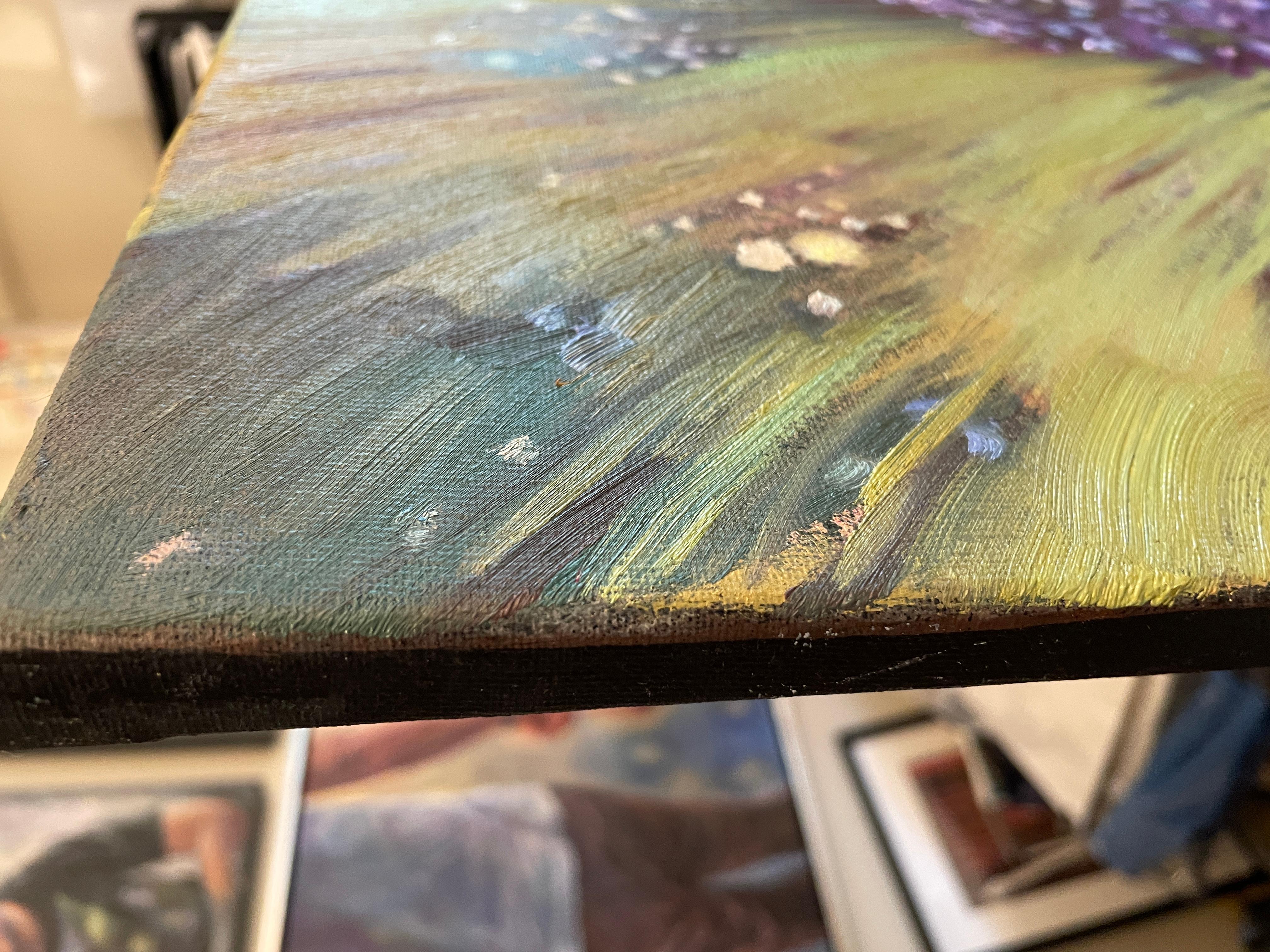 This artwork is a vivid celebration of nature's abundance, featuring an intricate arrangement of wildflowers bursting with color. The piece masterfully captures diverse flora with a dynamic palette of purples, blues, and yellows, highlighted by