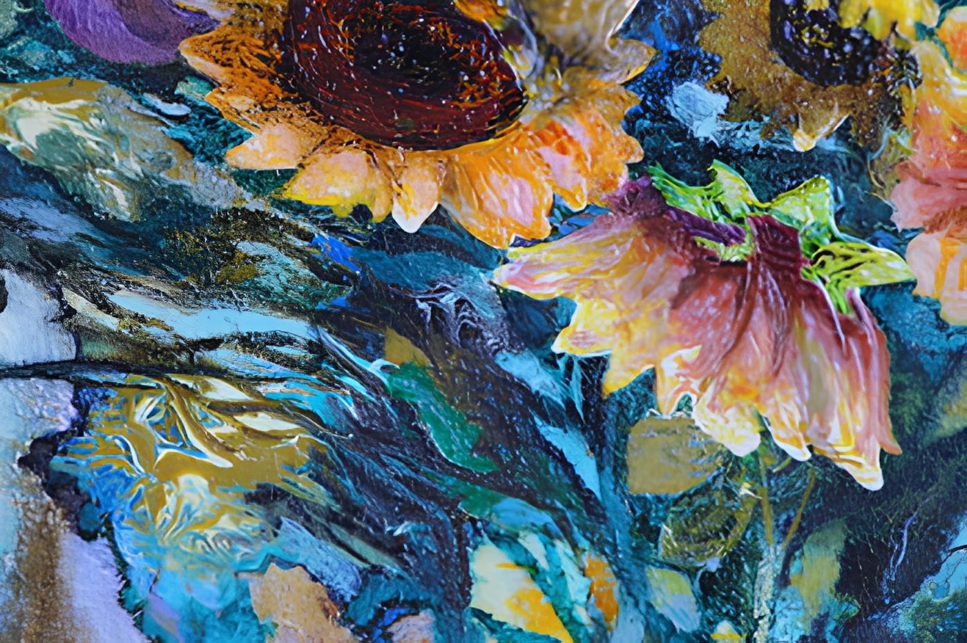 In my creation, I've melded acrylic and oil with relief printing to craft texture that breathes life into each sun-kissed petal, expressing nature's resilience and vibrancy. Drawing from fine art's depth, figurative realism, and impressionism's play