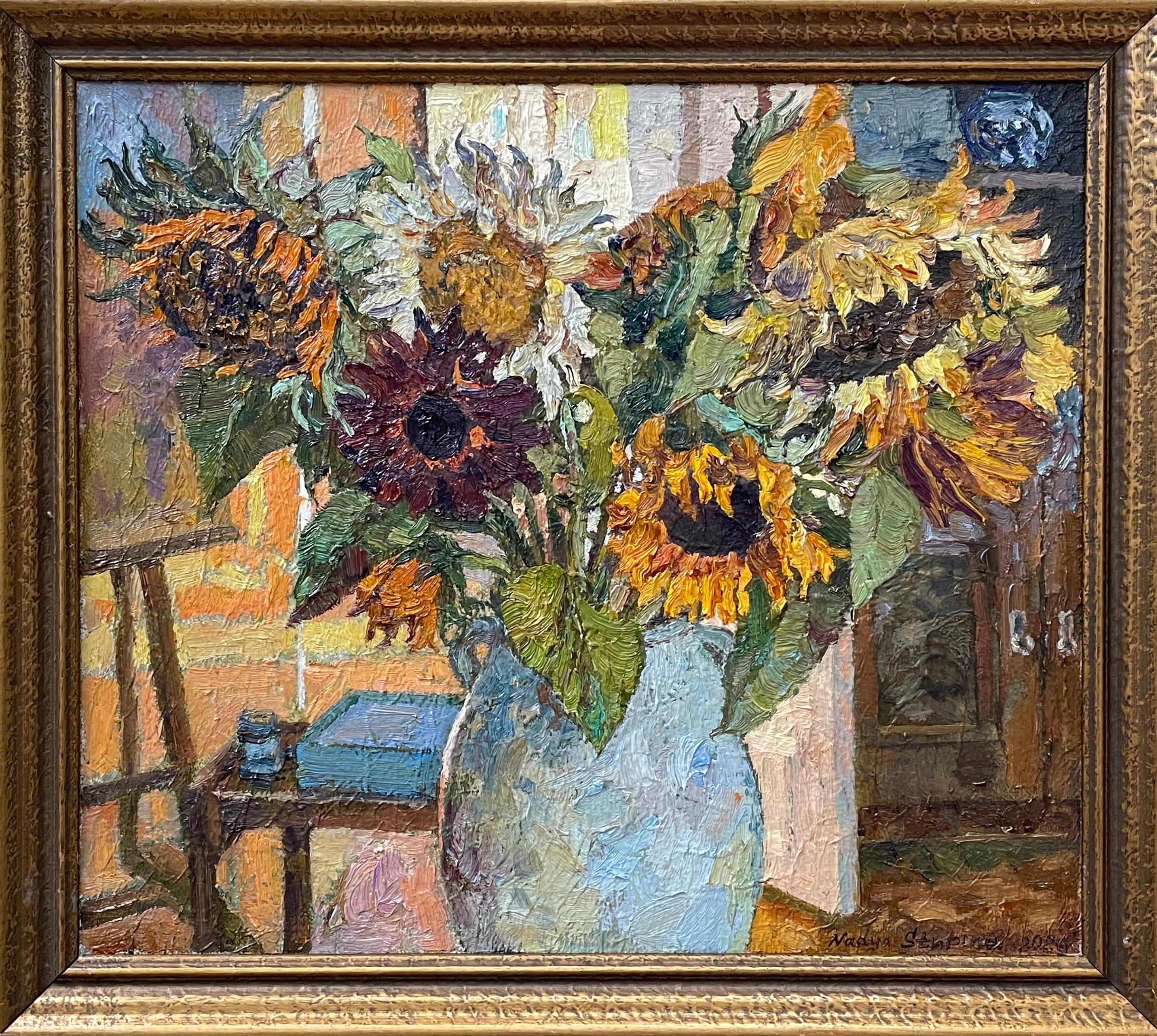 Girasoli in studio. Quadro floreale originale. Dimensioni ridotte. Impressionismo