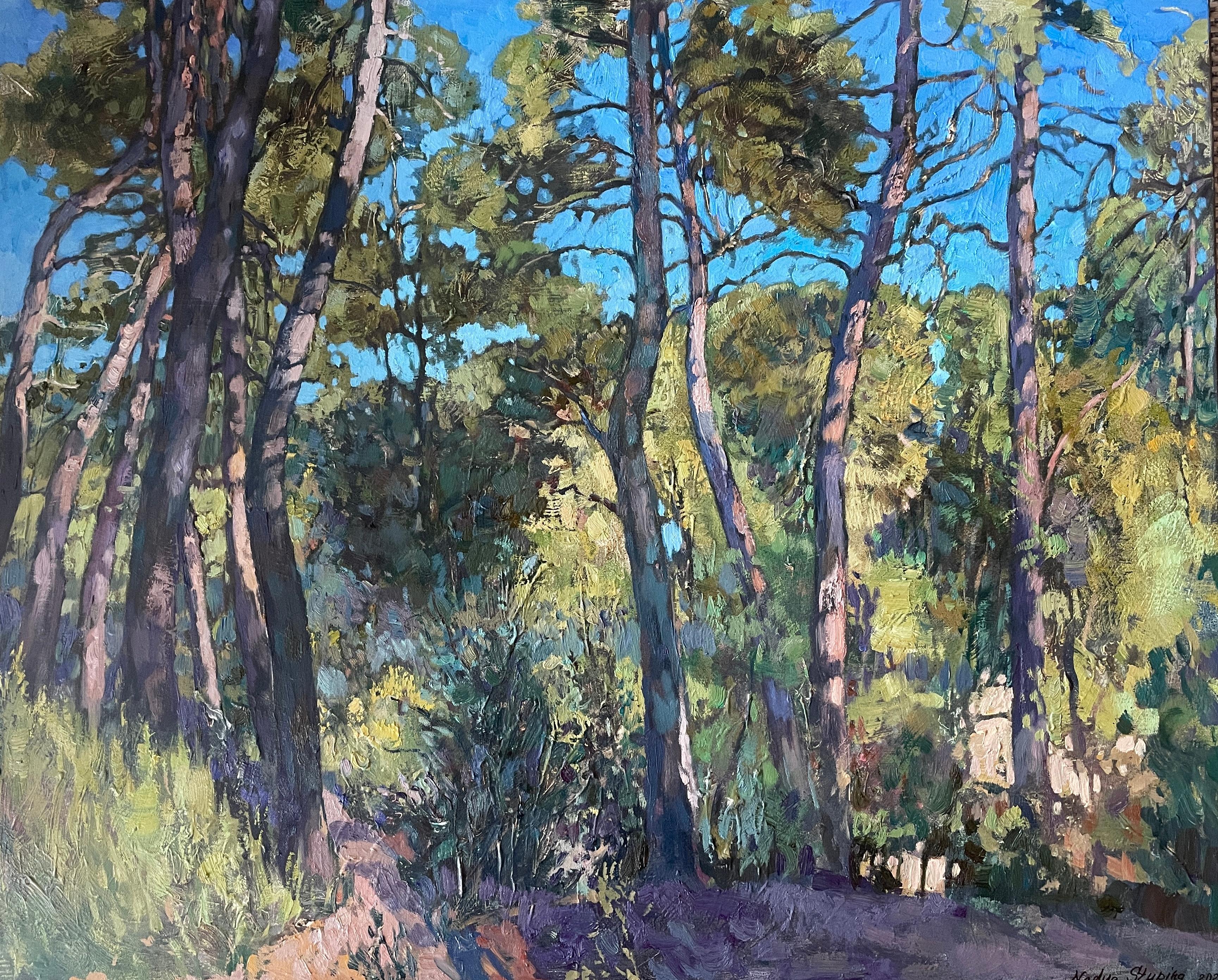 "Sonnenbeschienene Kiefern" Original impressionistisches Landschaftsgemälde. Große horizontale