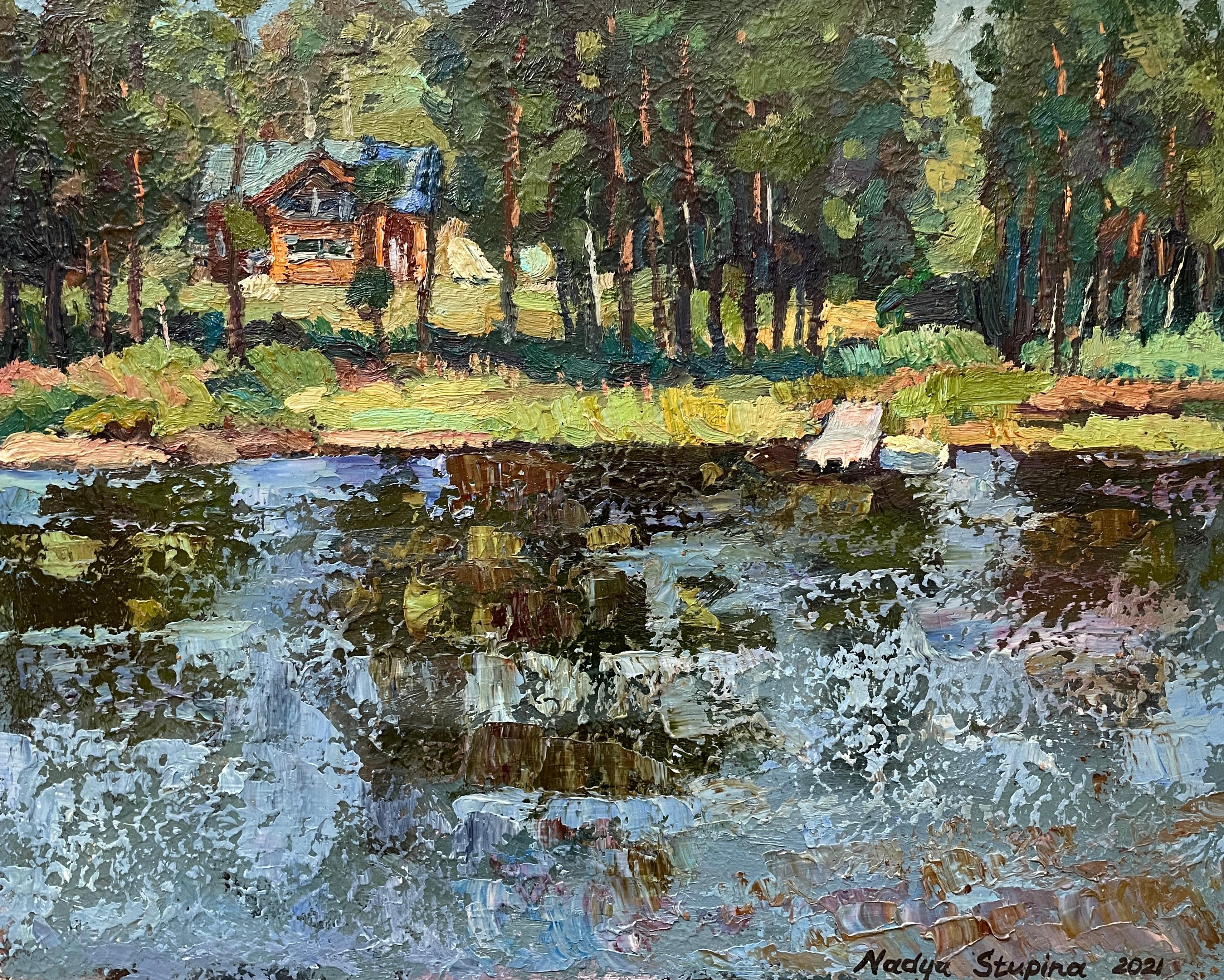 Nadezda Stupina Landscape Painting – "Das Haus am See" Original impressionistisches Landschaftsgemälde.