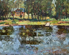 "La casa junto al lago" Pintura original de paisaje impresionista.