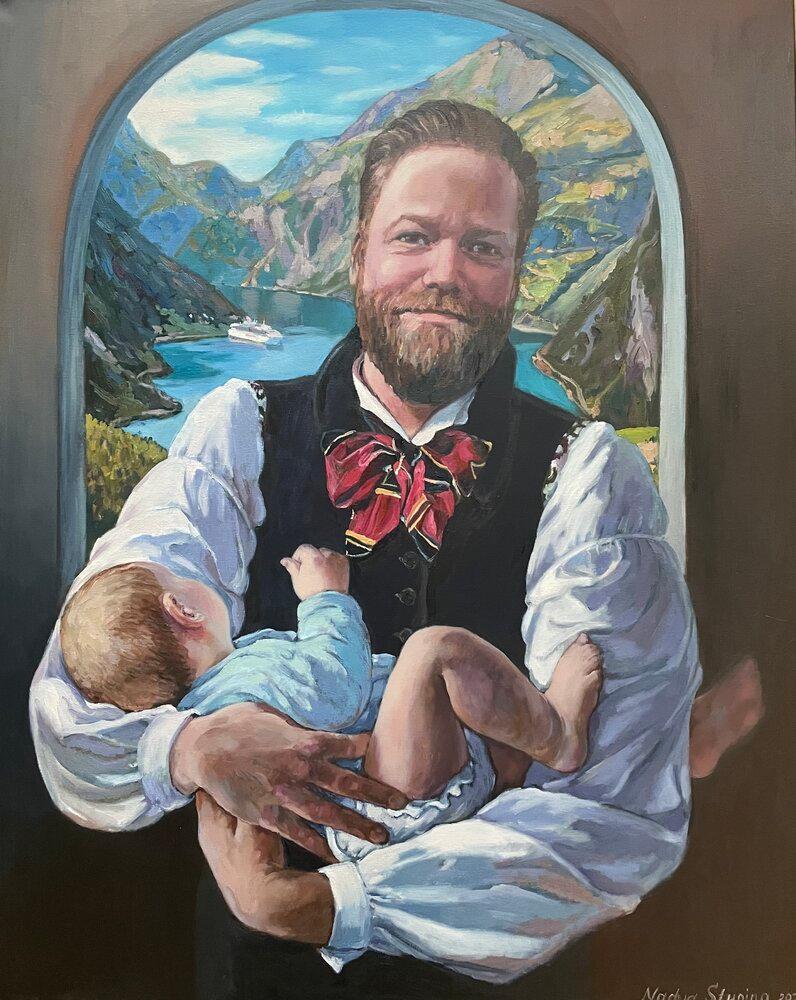 Portrait Painting di Nadezda Stupina - "La Madonna norvegese" grande dipinto a olio verticale in stile realistico