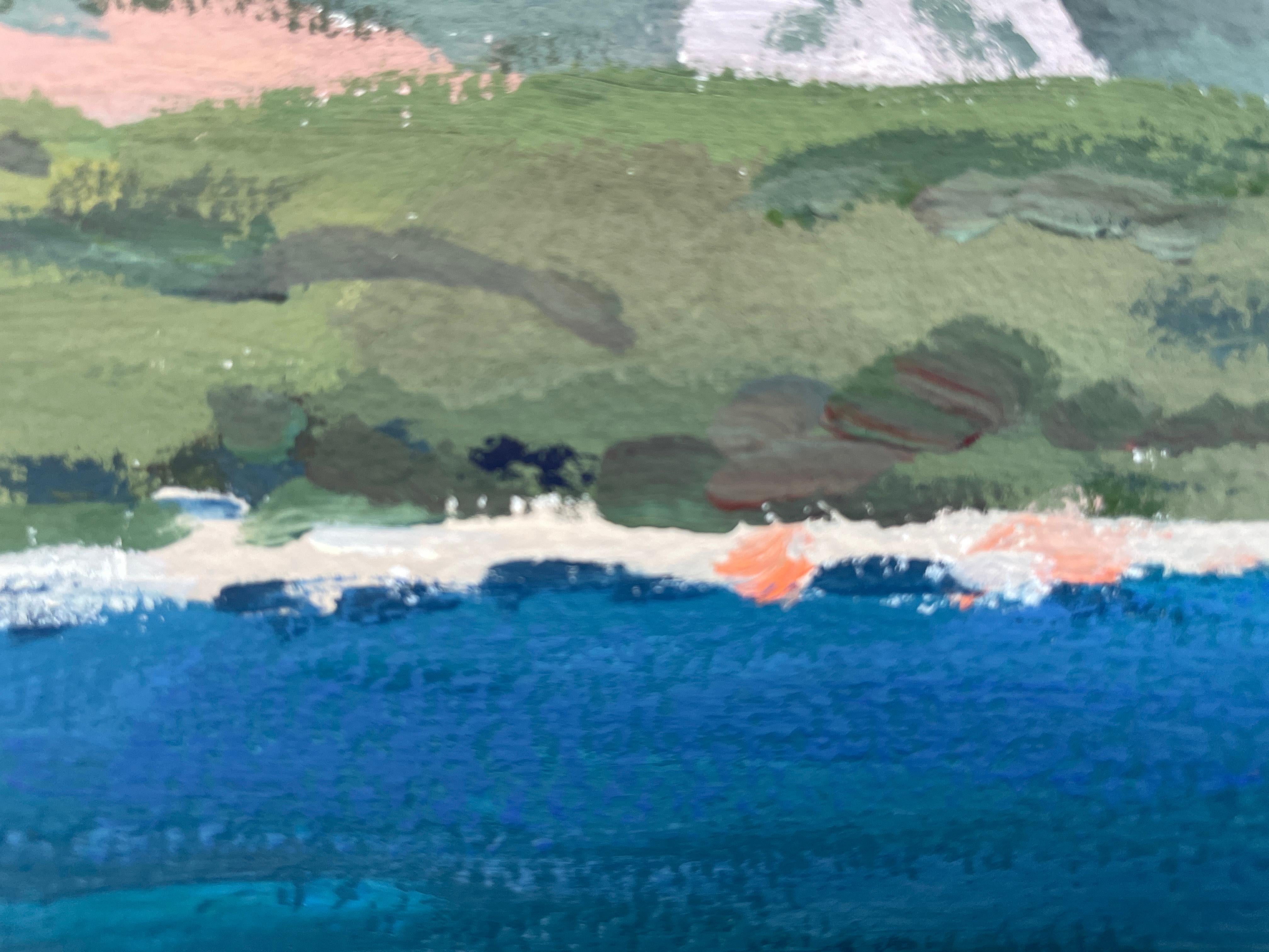 Dieses Kunstwerk zeigt eine lebendige Landschaft, die durch ihre dynamische Darstellung der Natur besticht. Im Hintergrund dominieren die markanten Berge mit ihren schroffen Gipfeln, die sich vor einem klaren, blauen Himmel abzeichnen. Diese