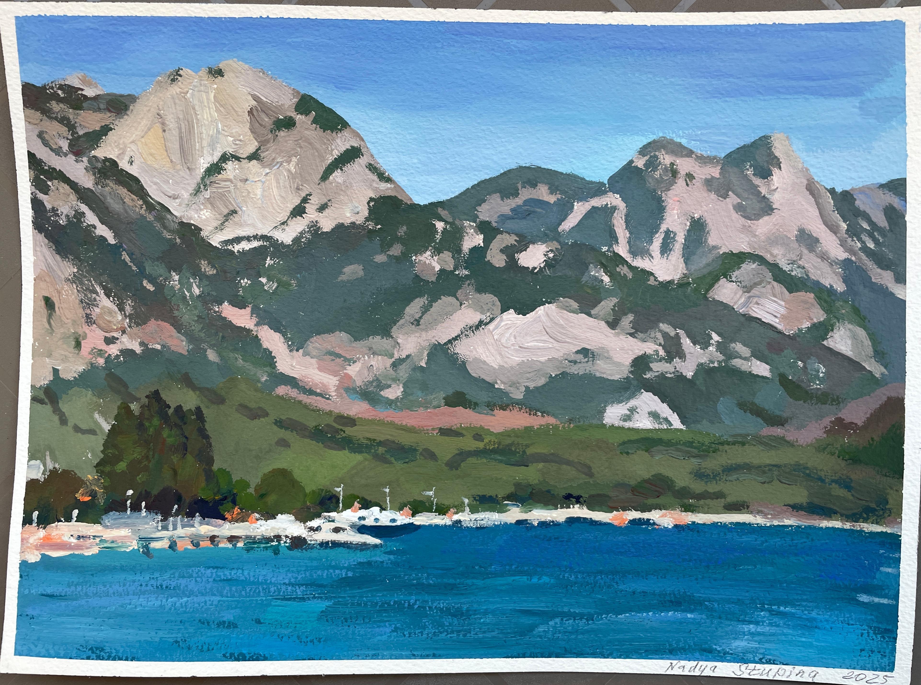 Nadezda Stupina Landscape Painting – "Das Meer am Fuße der rosa Berge" Original Landschaftsgemälde, klein .