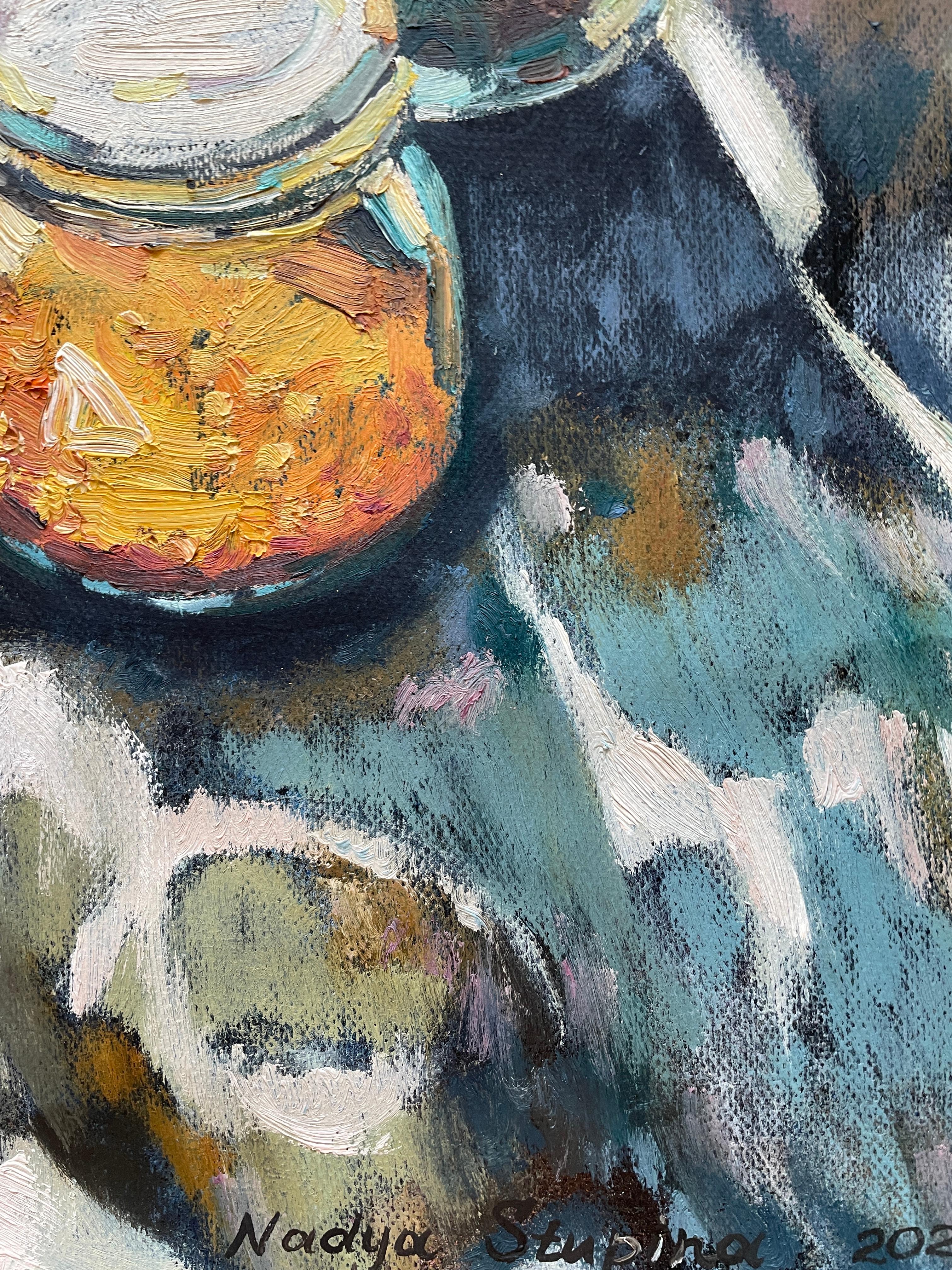 «The sun in my house. Sun in the glass jars»  Original  vertical still life. - Painting by Nadezda Stupina