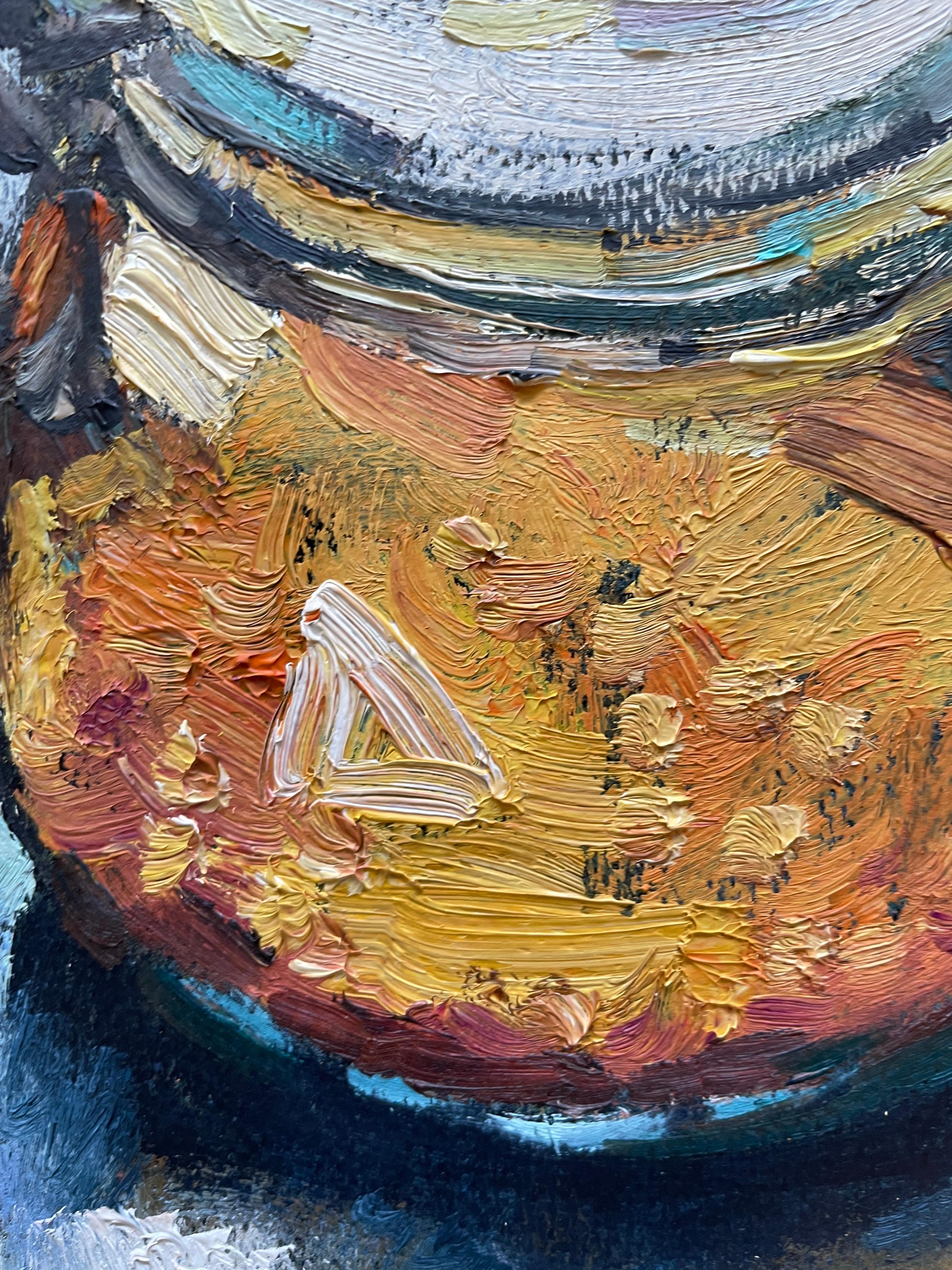 «The sun in my house. Sun in the glass jars»  Original  vertical still life. - American Impressionist Painting by Nadezda Stupina