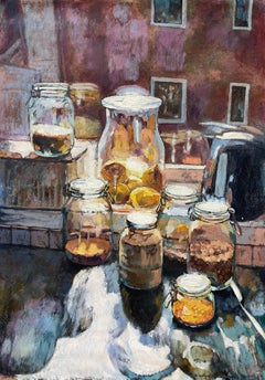 "El sol en mi casa. Sol en los tarros de cristal"  Original  bodegón vertical.