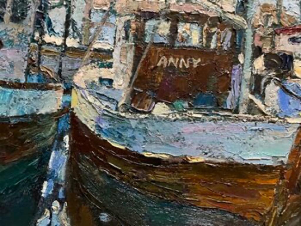 Tory and Anny waiting for travel. Harbour. Boats. Large oil painting . Frame - Impressionist Painting by Nadezda Stupina