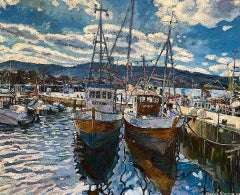 Tory e Anny in attesa del viaggio. Porto. Barche. Quadro ad olio di grandi dimensioni. Telaio