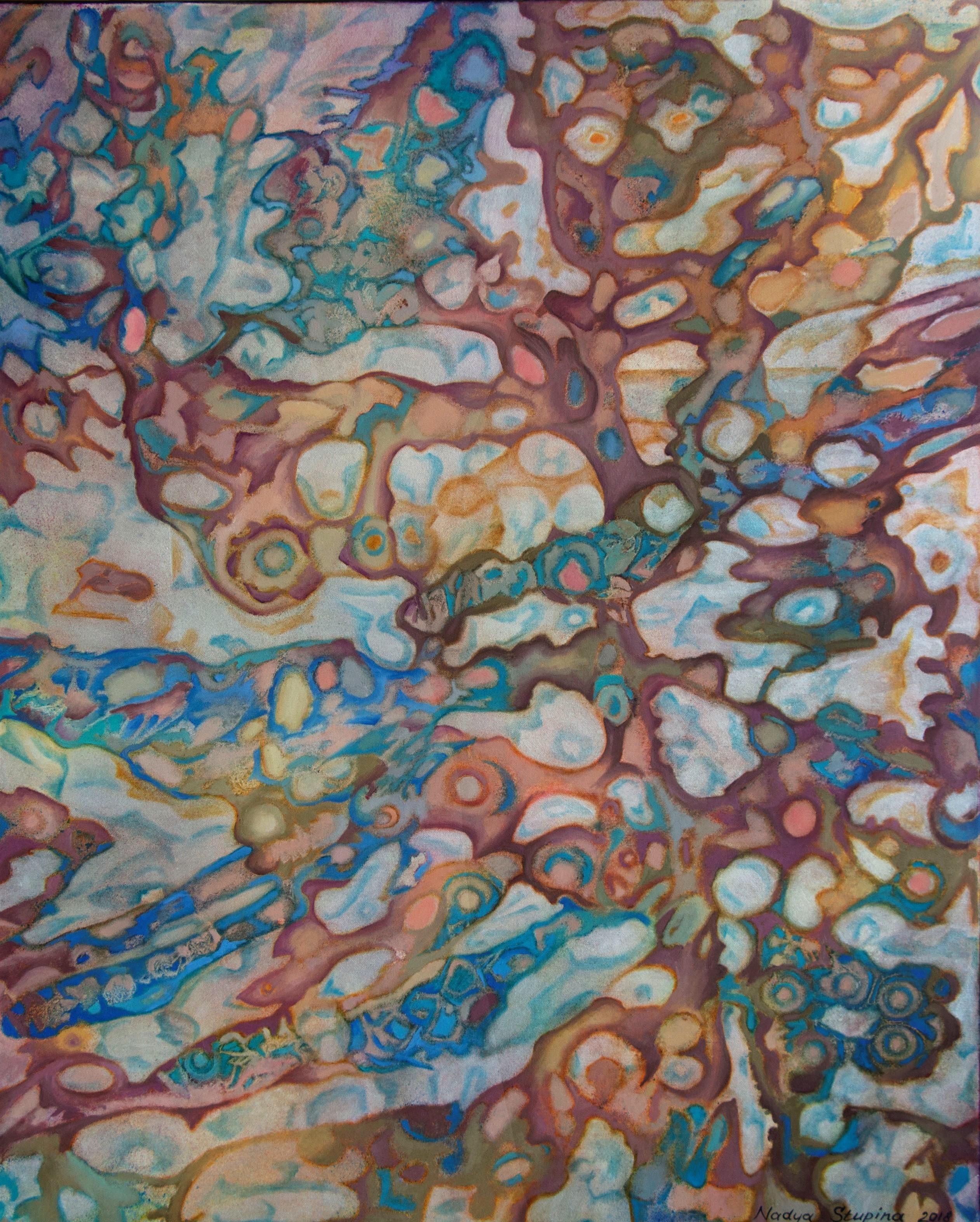 Albero. Pittura astratta ad acrilico e olio su tela, 100x80 cm. Tonalità pastello.