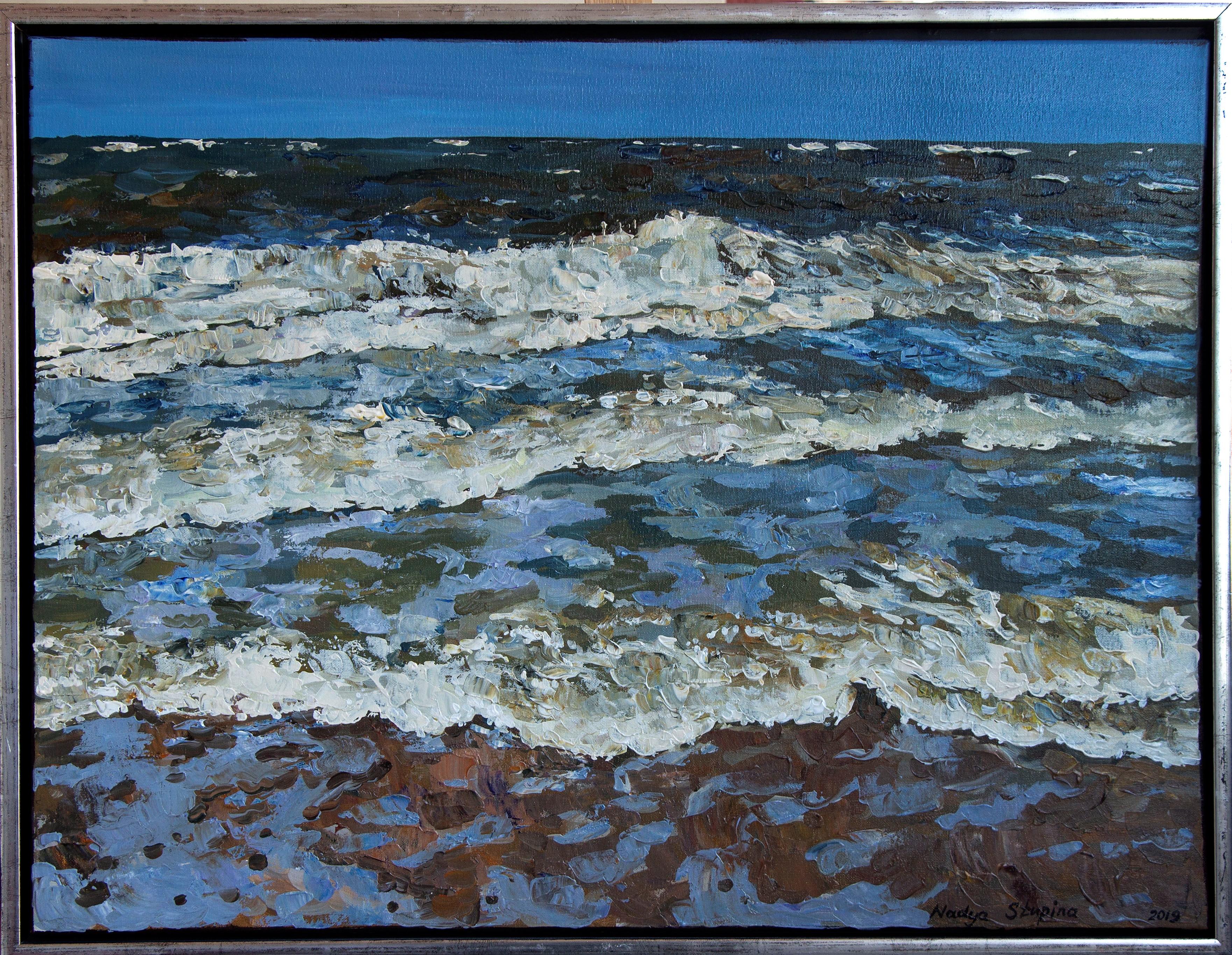 Landscape Painting di Nadezda Stupina - "Trittico "Blåvand" Onde del mare del Nord". Pittura impressionistica originale