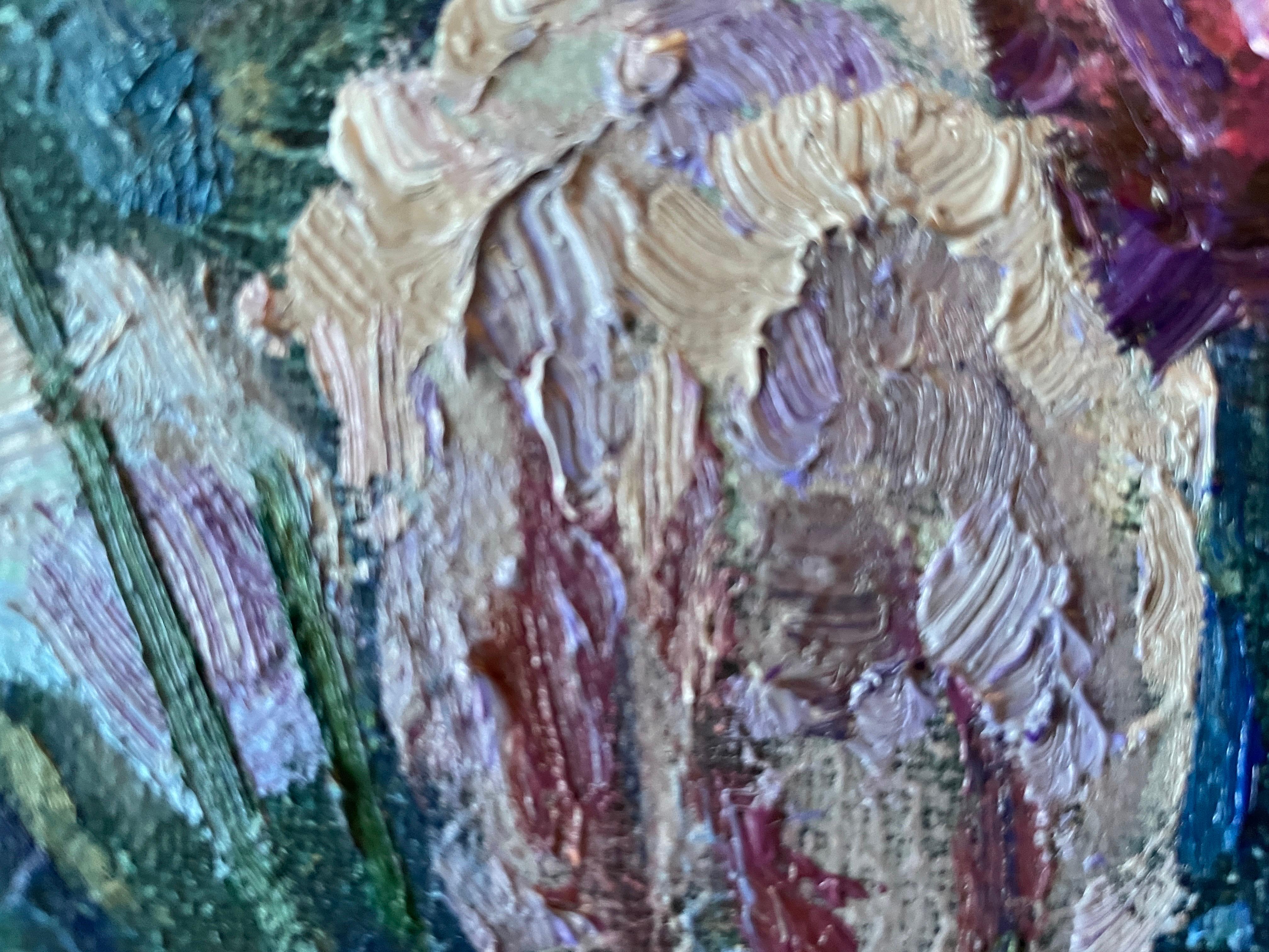 Questa accattivante opera d'arte mostra un vibrante arazzo di tulipani in piena fioritura, ognuno dei quali è minuziosamente dettagliato per mettere in evidenza le loro trame e i loro colori unici. Ricche sfumature di marrone, rosa e viola dominano