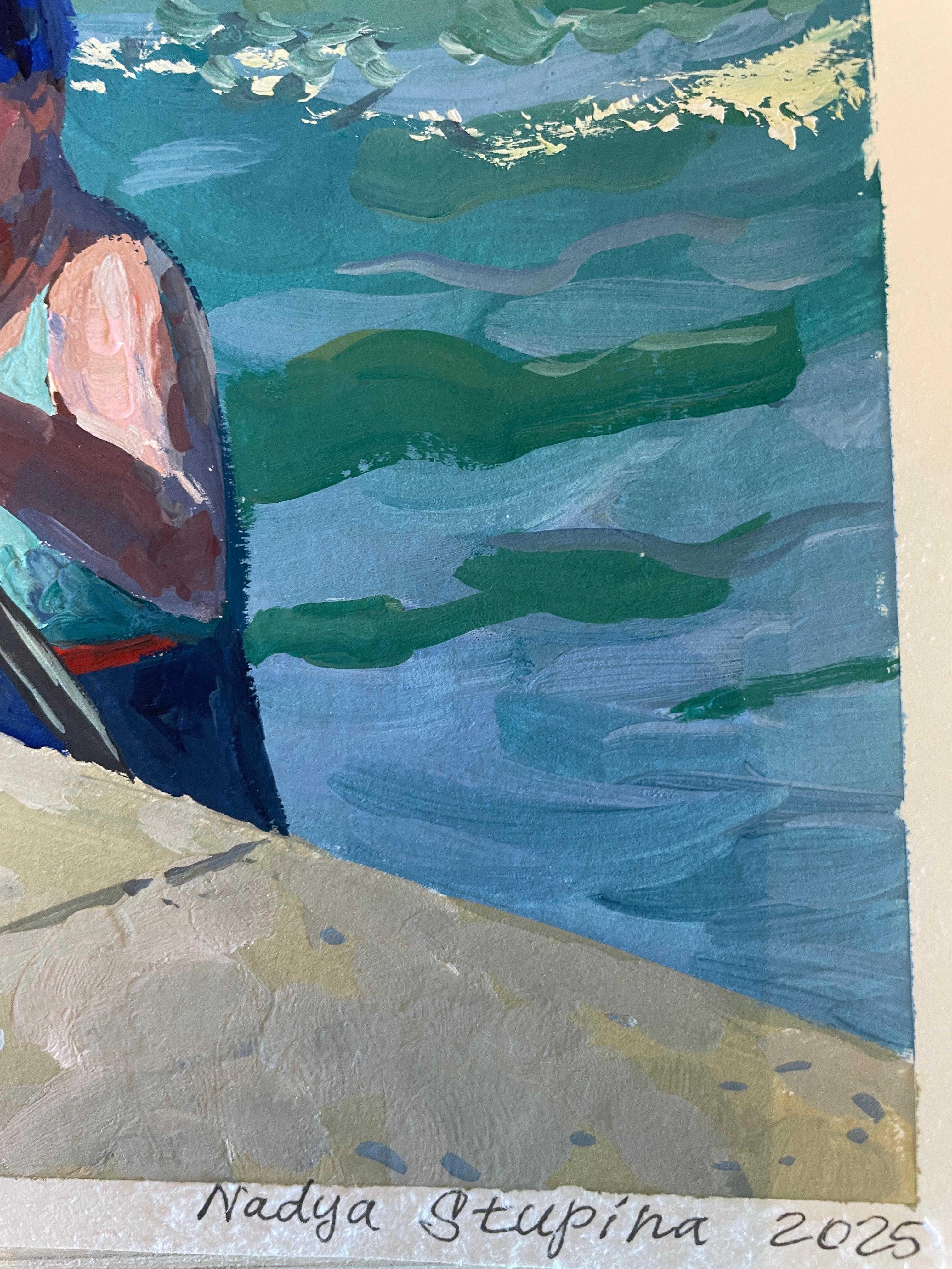 “Two bathers” Vertical , ocean, blue, Impressionism , realism , figurative. – Painting von Nadezda Stupina