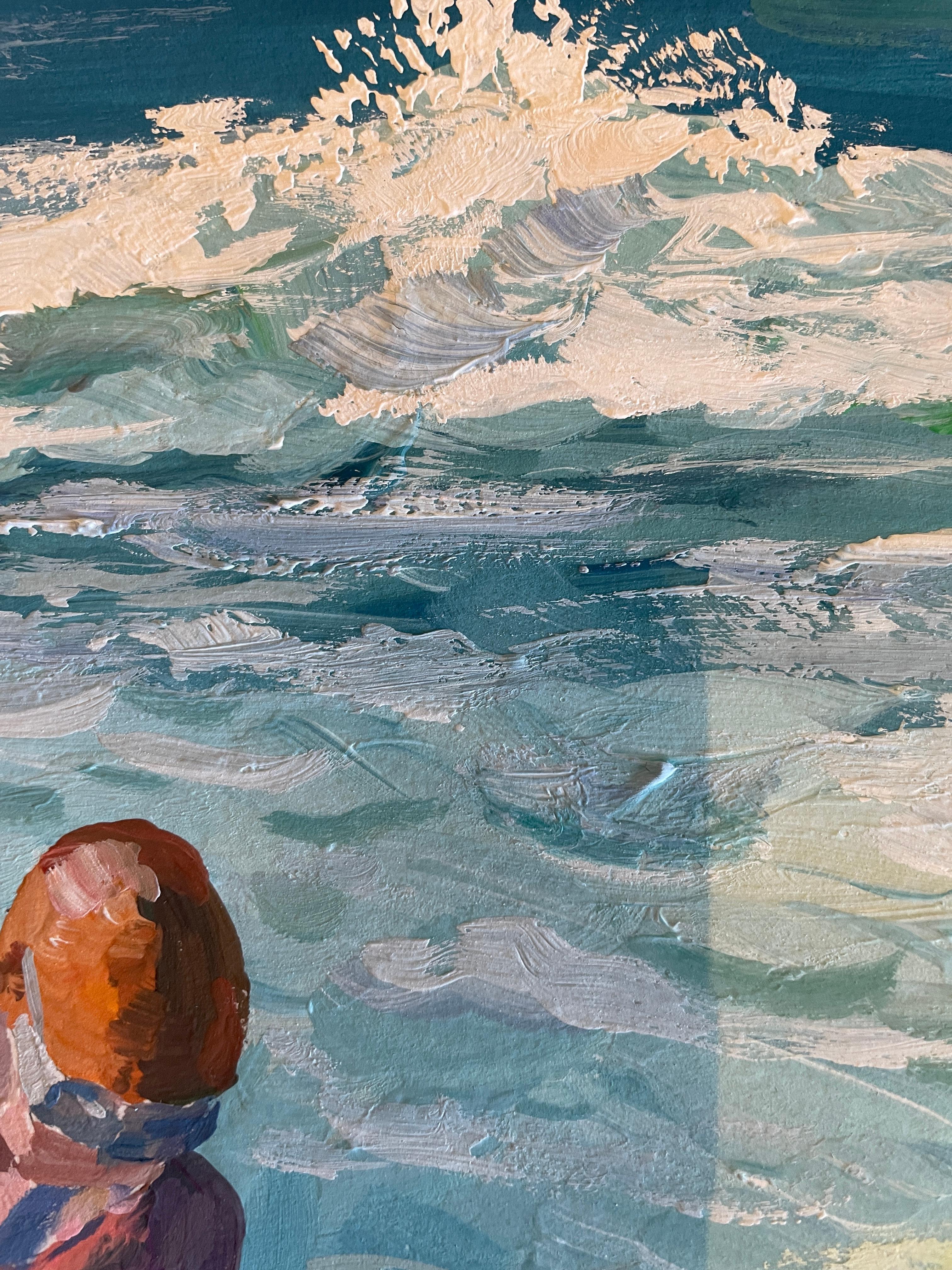 Dieses Kunstwerk zeigt zwei Schwimmer, die aus dem Meer auftauchen, und verkörpert die Essenz eines heiteren Moments am Meer. Die Farbgebung des Gemäldes ist auffallend, wobei das leuchtende Blau der Badeanzüge der Schwimmer einen schönen Kontrast