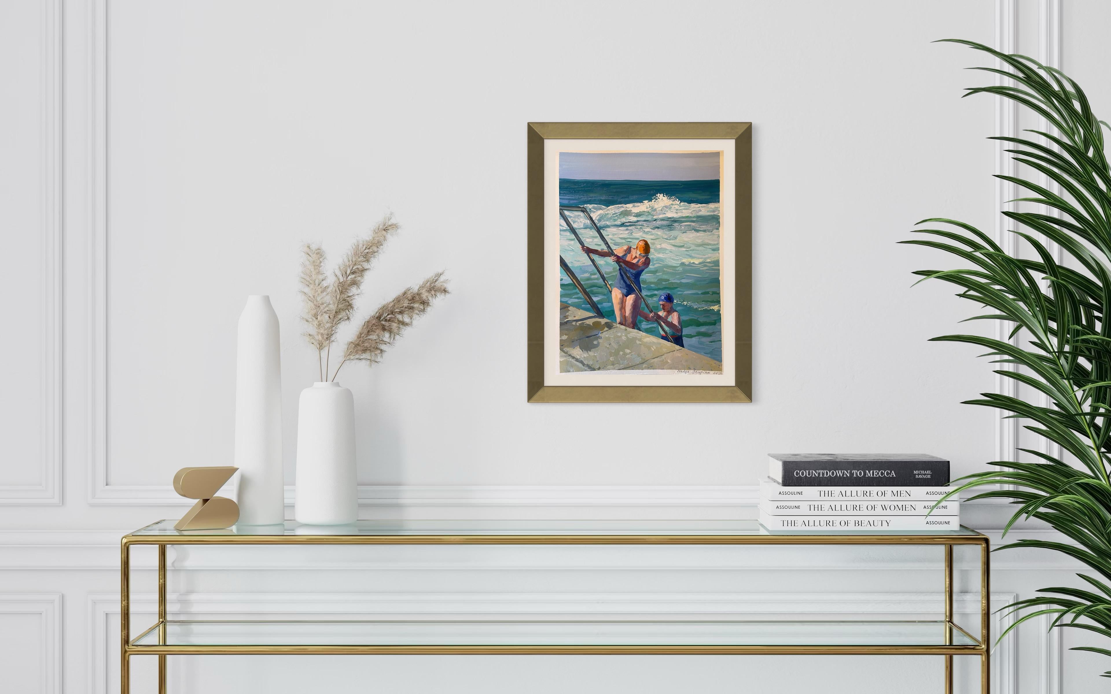 “Two bathers” Vertical , ocean, blue, Impressionism , realism , figurative. im Angebot 4