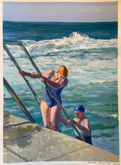 “Two bathers” Vertical , ocean, blue, Impressionism , realism , figurative.