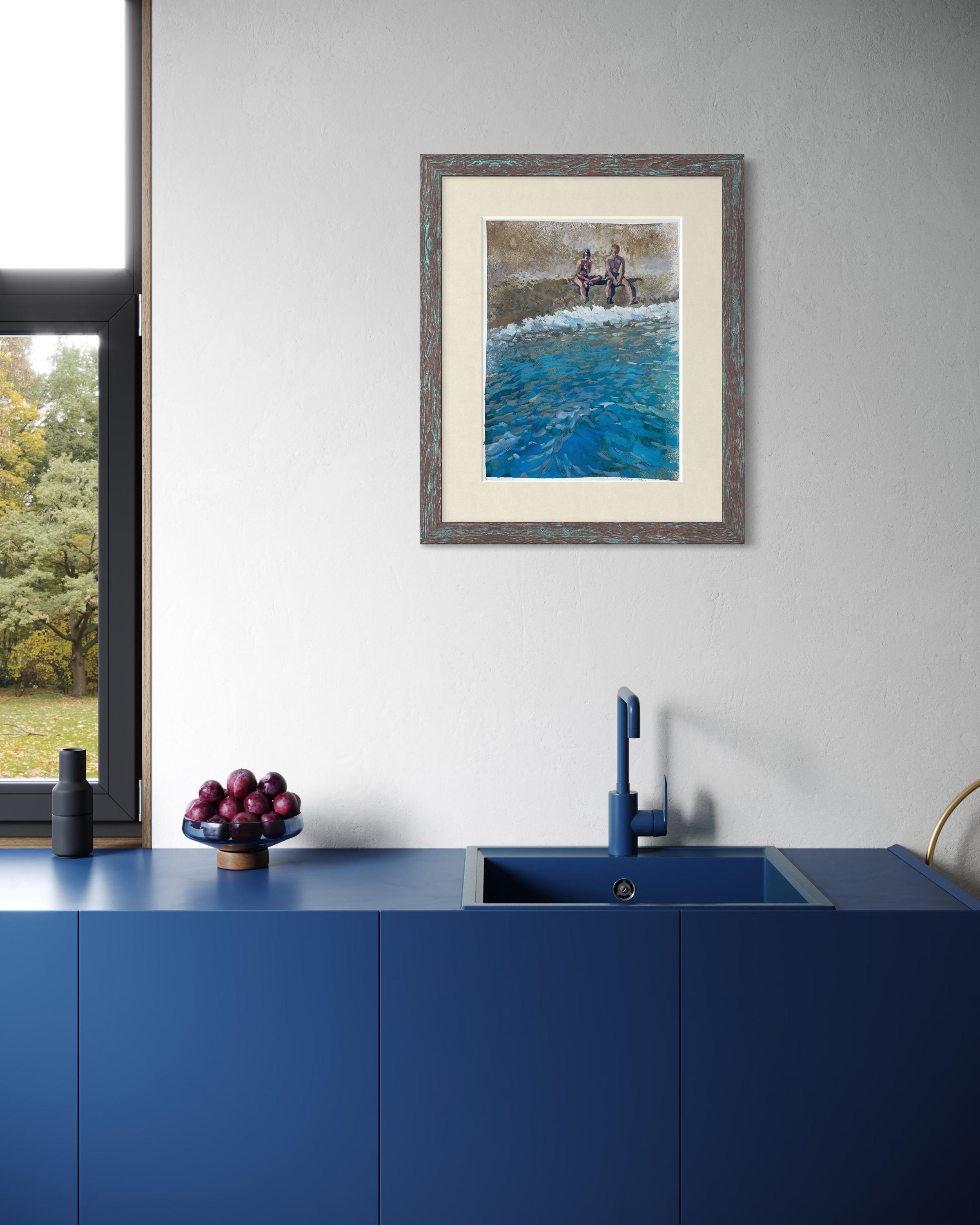 «Two by the sea » Original figurative painting . Sea , beach body . Home decor im Angebot 8