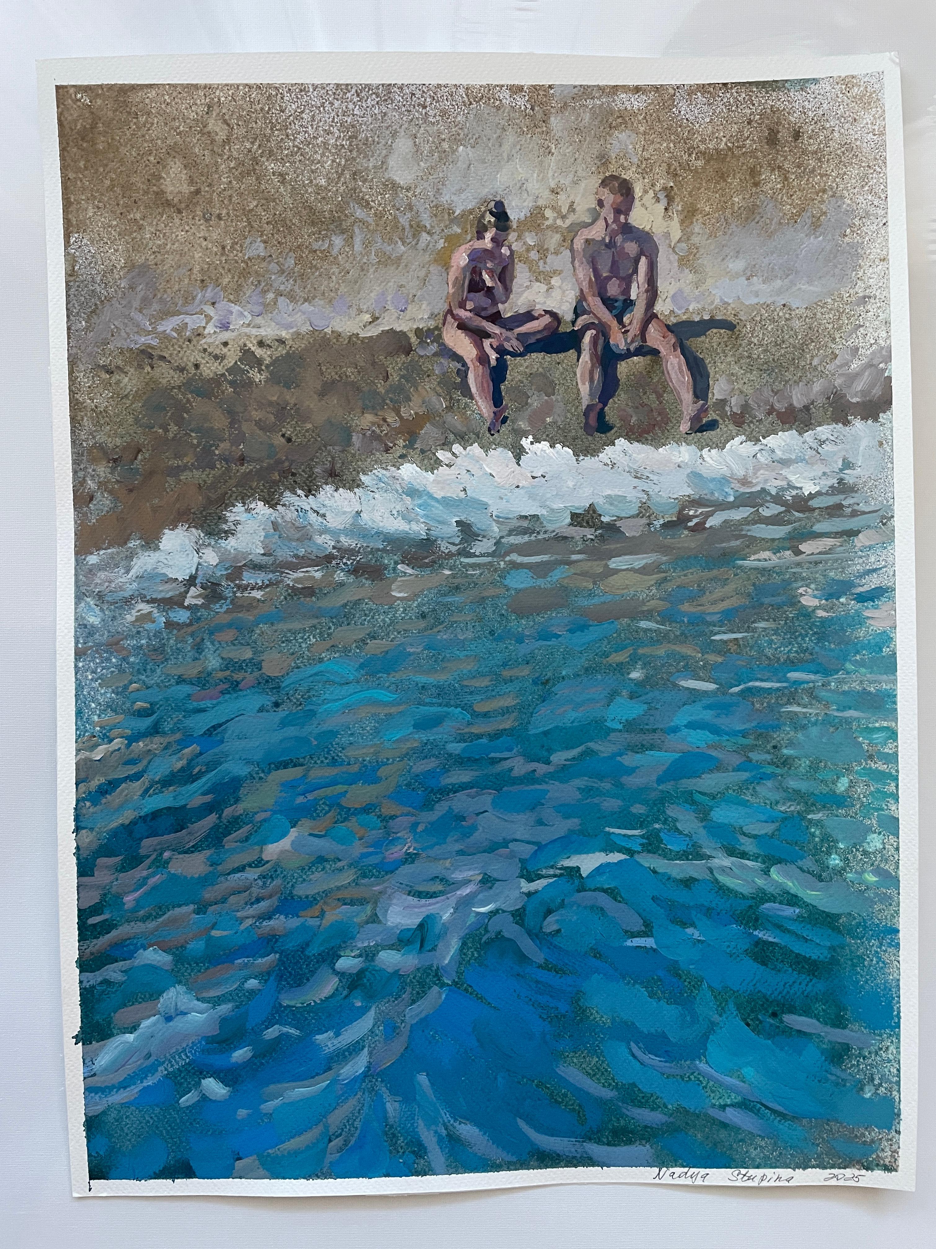 «Two by the sea » Original figurative painting . Sea , beach body . Home decor – Painting von Nadezda Stupina