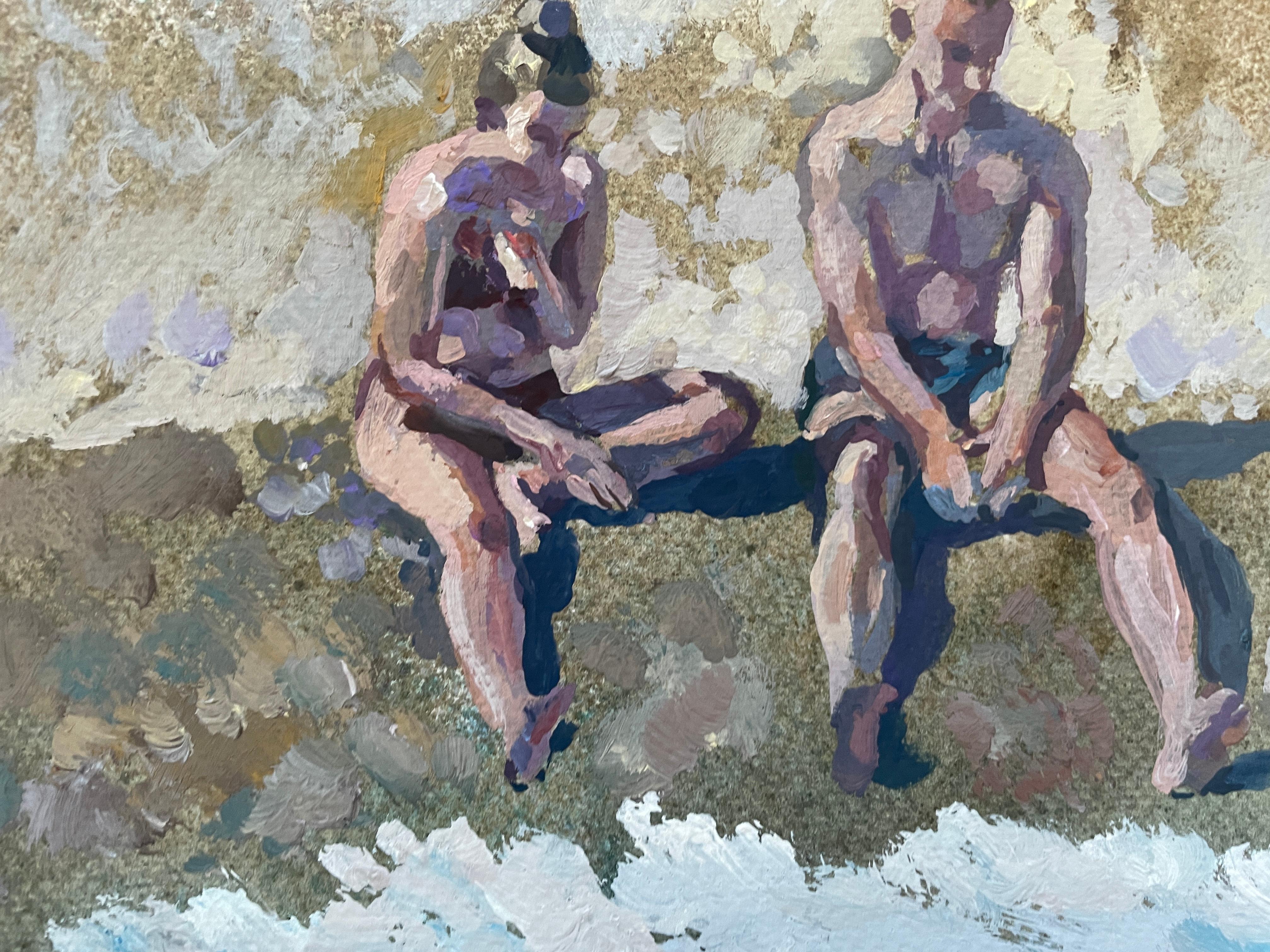 «Two by the sea » Original figurative painting . Sea , beach body . Home decor im Angebot 1