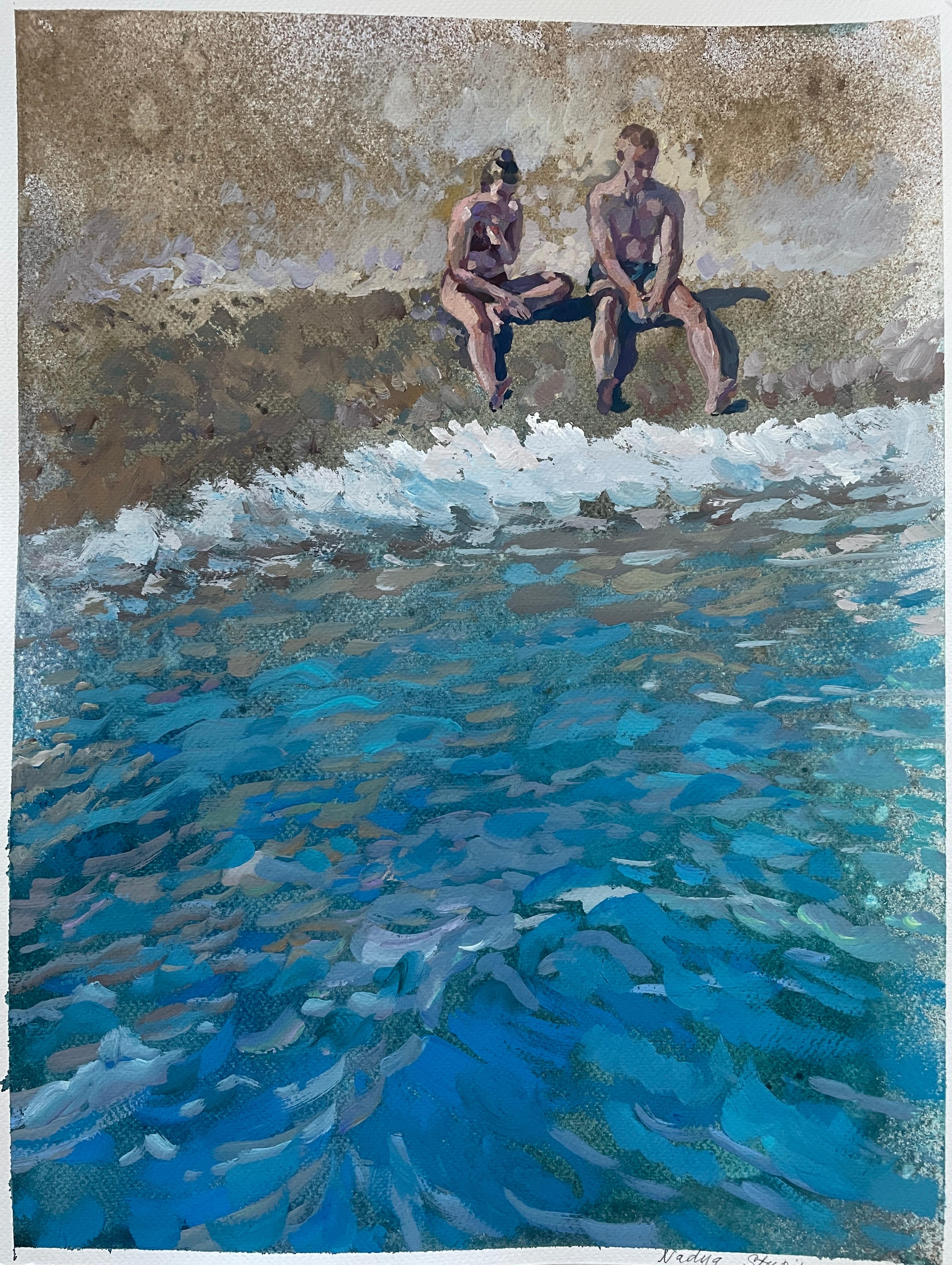 Nadezda Stupina Figurative Painting – «Two by the sea » Original figurative painting . Sea , beach body . Home decor