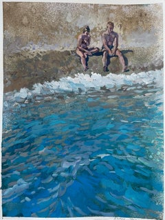 «Two by the sea » Original figurative painting . Sea , beach body . Home decor