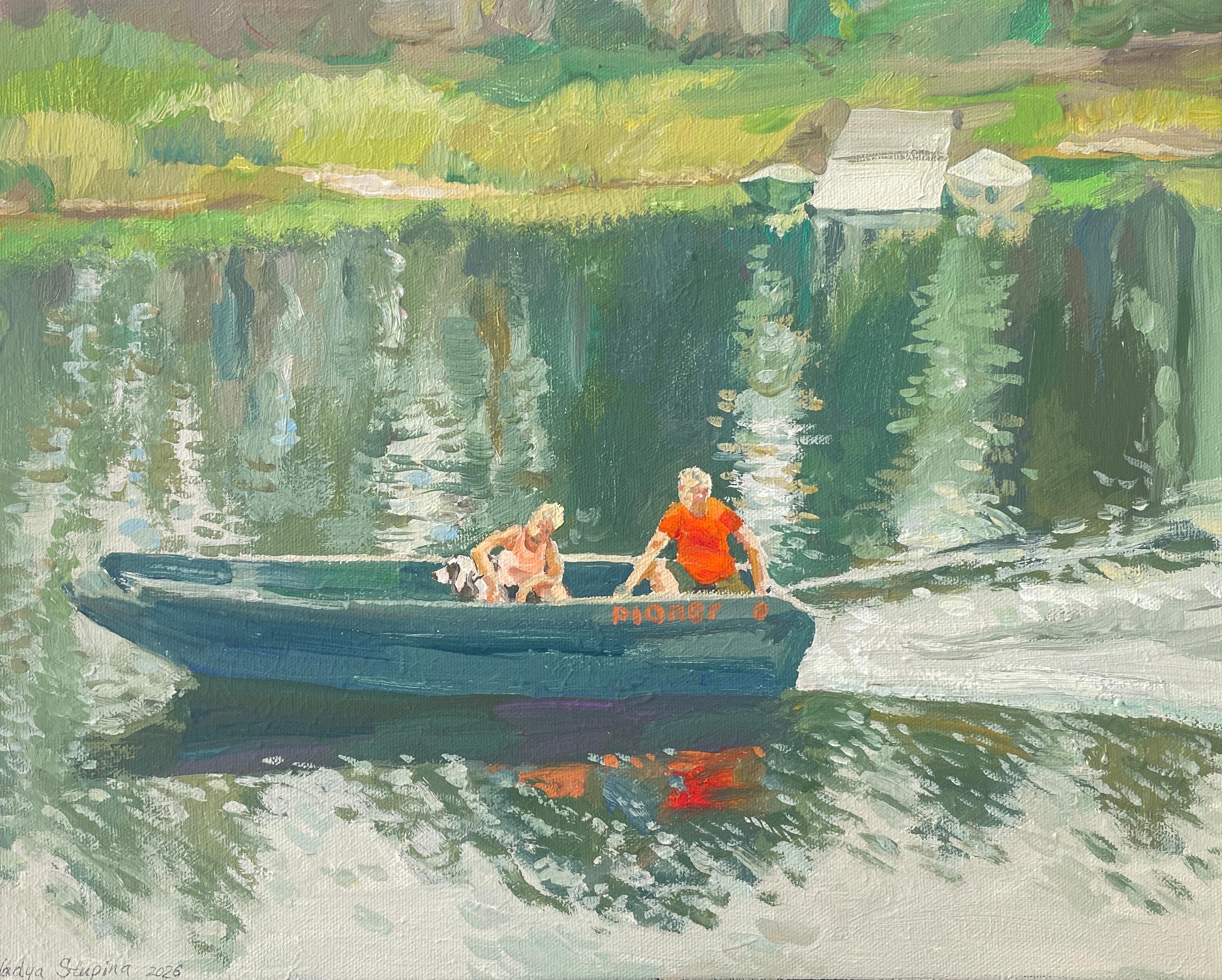 Two in a boat , not counting the dog . Original gouache painting. Contemporary.
