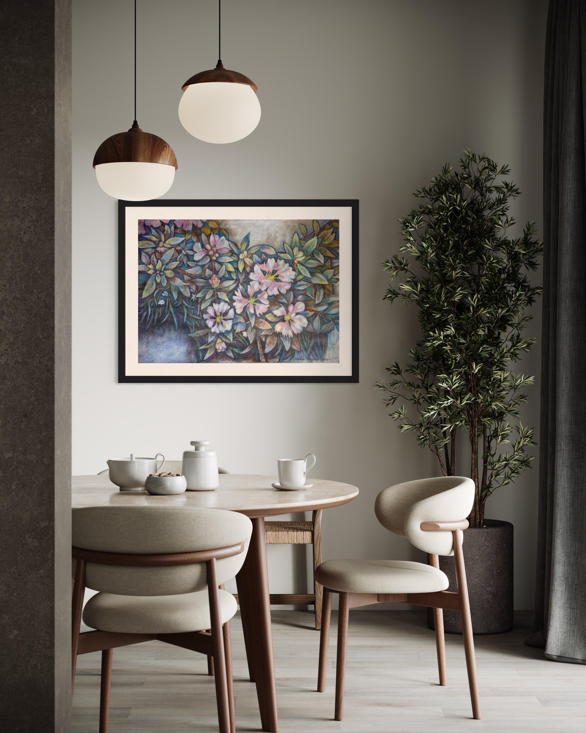 In quest'opera d'arte ho esplorato il delicato gioco di luci e ombre tra fiori rigogliosi. Utilizzando acrilico e inchiostro su carta, ho cercato di catturare la bellezza effimera dei fiori in fiore, che simboleggiano i momenti fugaci della vita.