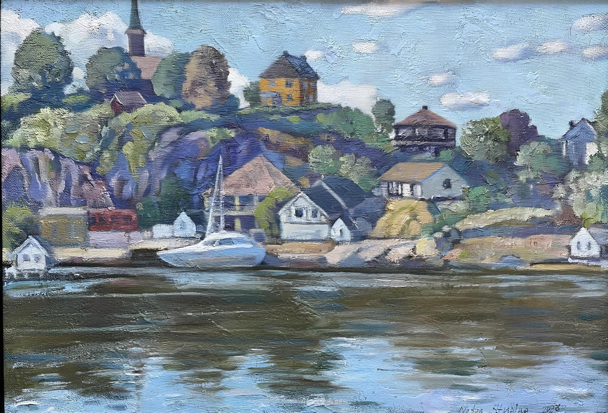 "Blick auf Ormøya" Original Landschaftsgemälde. Gerahmt .Öl auf Hardboard