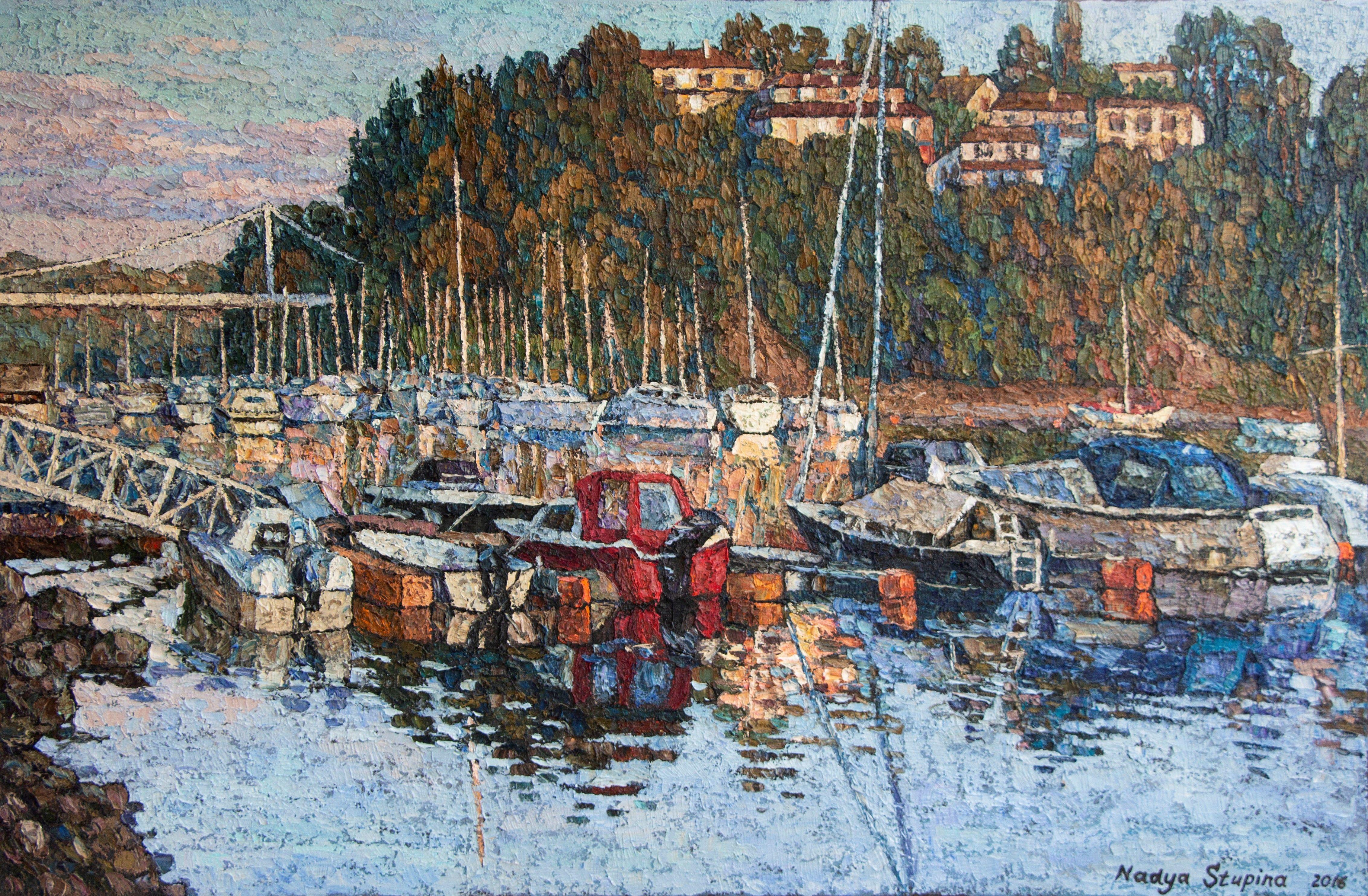 In this oil painting, I explore the interplay of light and reflection, capturing the serene ambiance of a marina bathed in the warm glow of sunset. The textured strokes convey a sense of tranquility while evoking the gentle movement of water. This