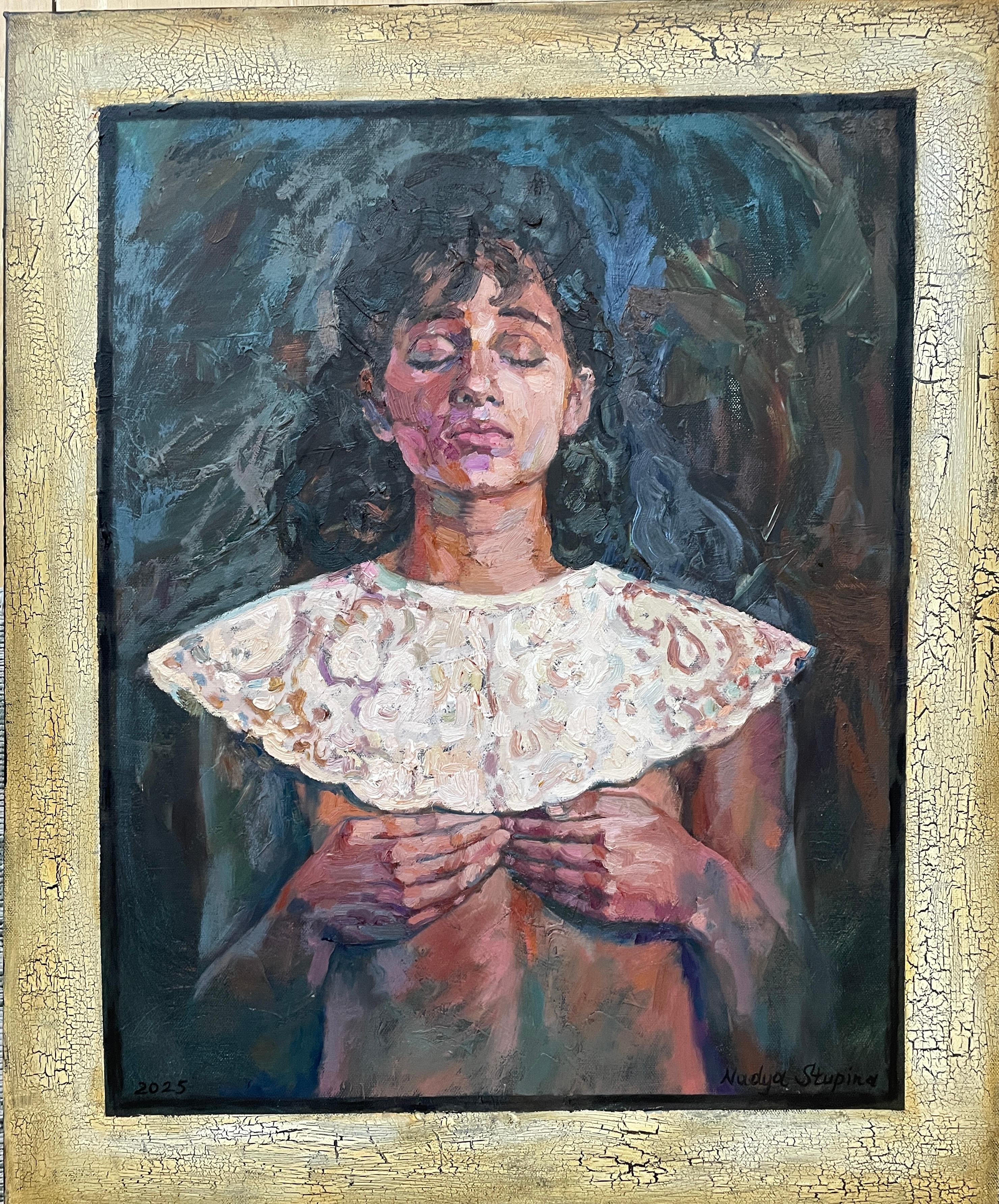 Portrait Painting di Nadezda Stupina - "Collare vintage" Ritratto femminile impressionista  . Nudo . Olio su tela  imasto