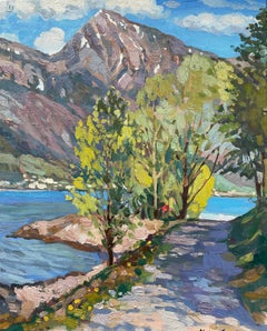 "Paseo por el lago" Original paisaje impresionista. Vertical pequeño