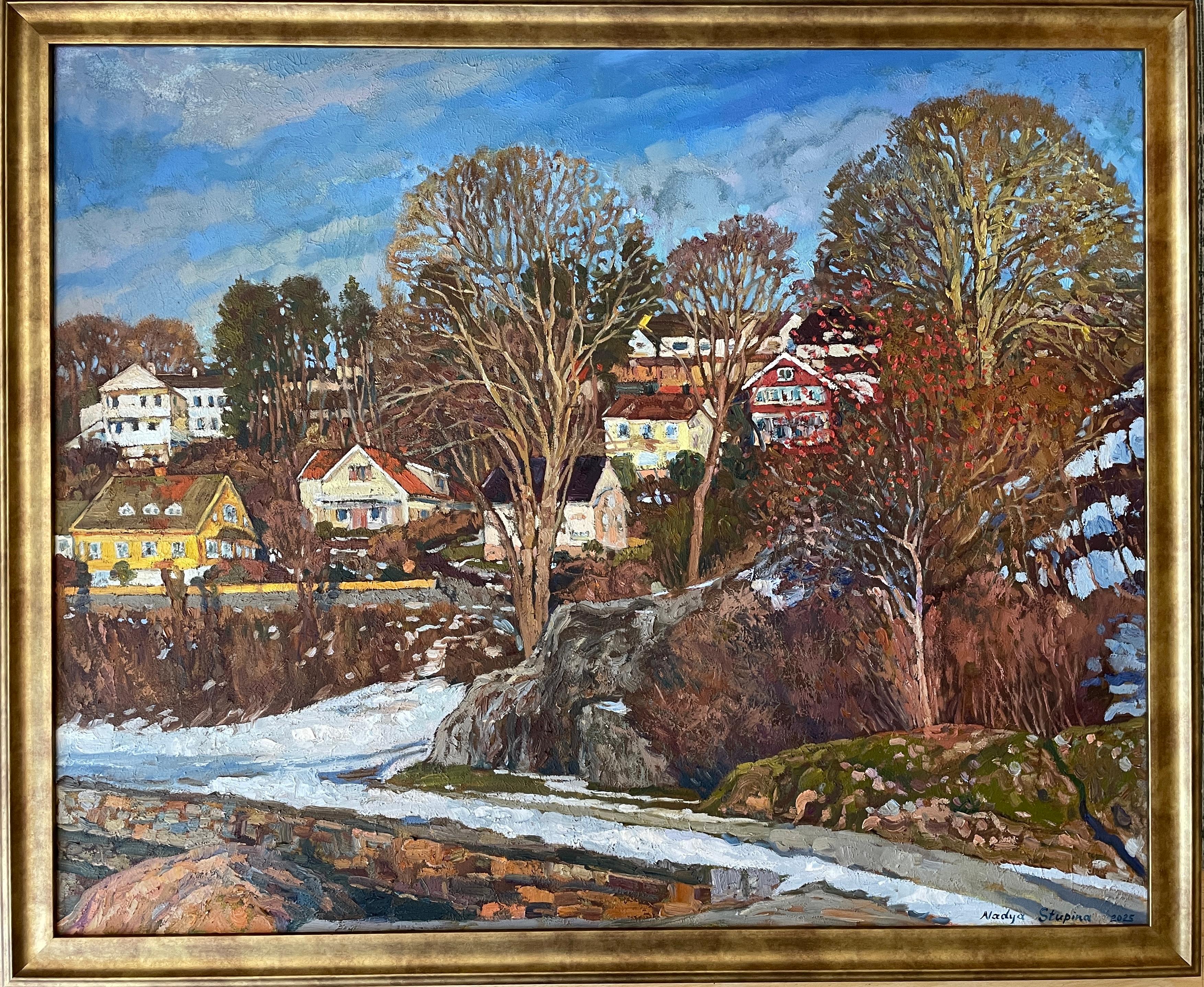 Landscape Painting di Nadezda Stupina - "Caldo febbraio a Drøbak" Grande paesaggio impressionistico. Pittura ad olio Impasto