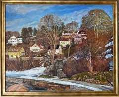 "WARM février à Drøbak" Grand paysage impressionniste. Peinture à l'huile Impasto