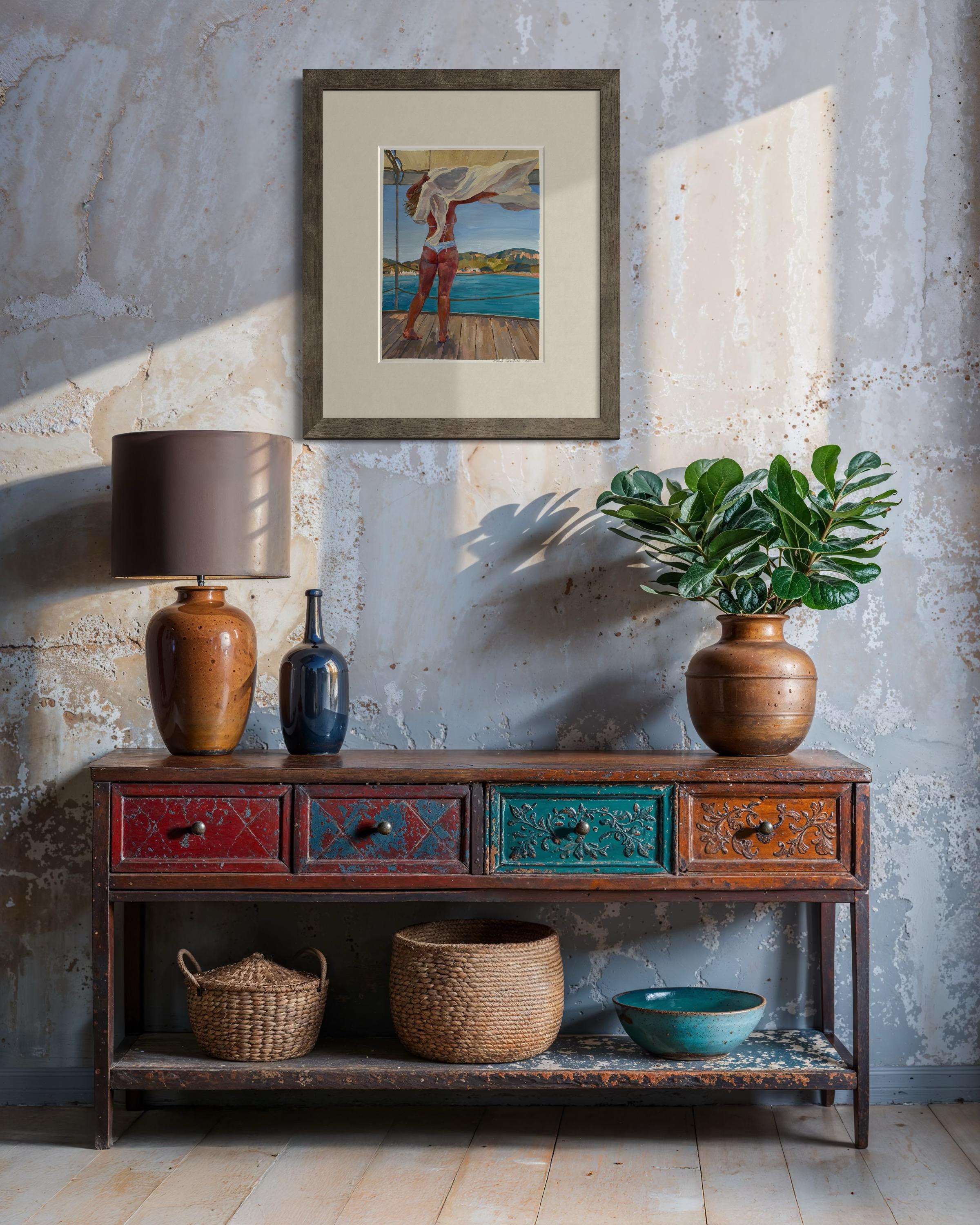 “Warm wind” Original figurative painting. Gouache on paper . Home decor For Sale 7