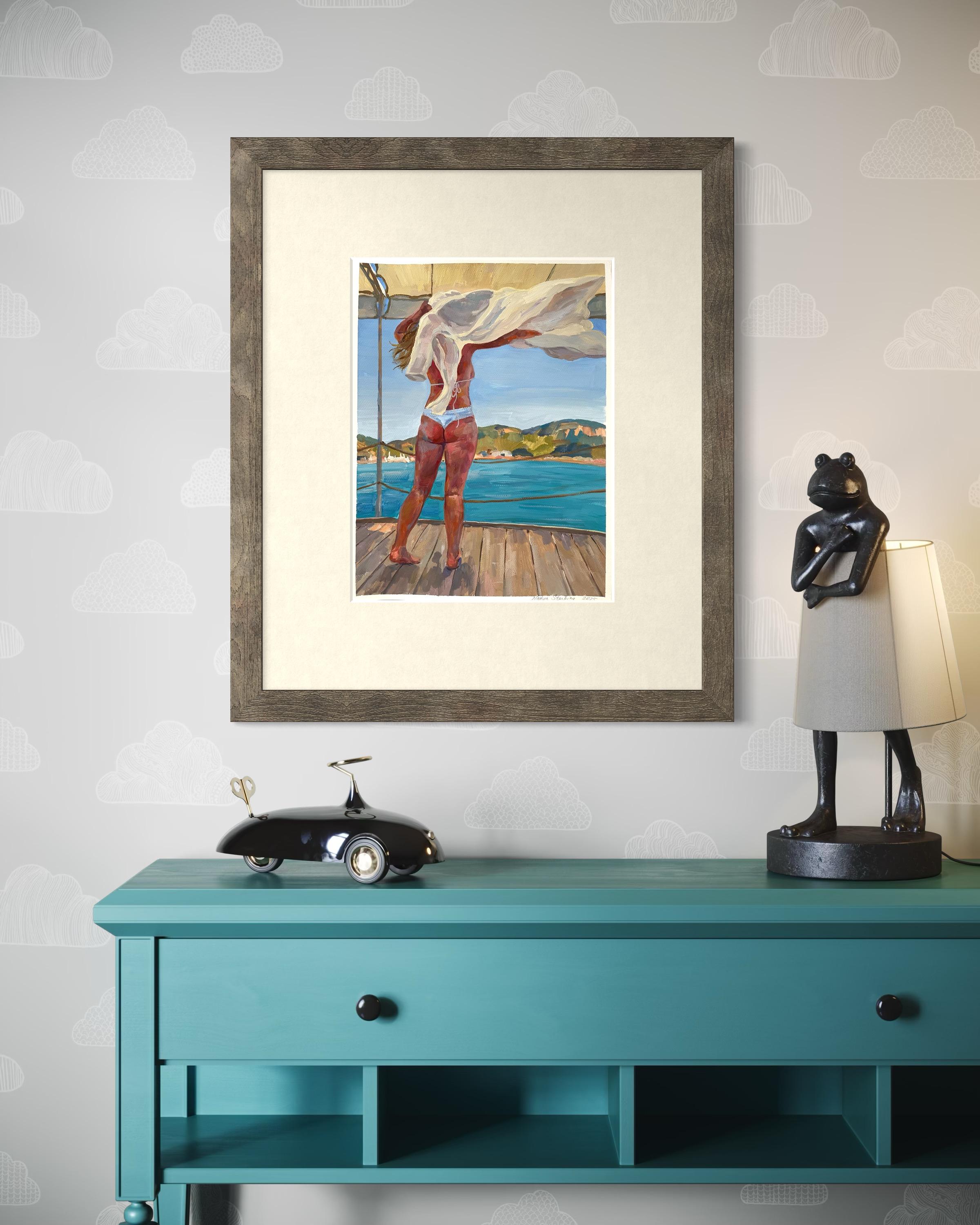 “Warm wind” Original figurative painting. Gouache on paper . Home decor For Sale 8