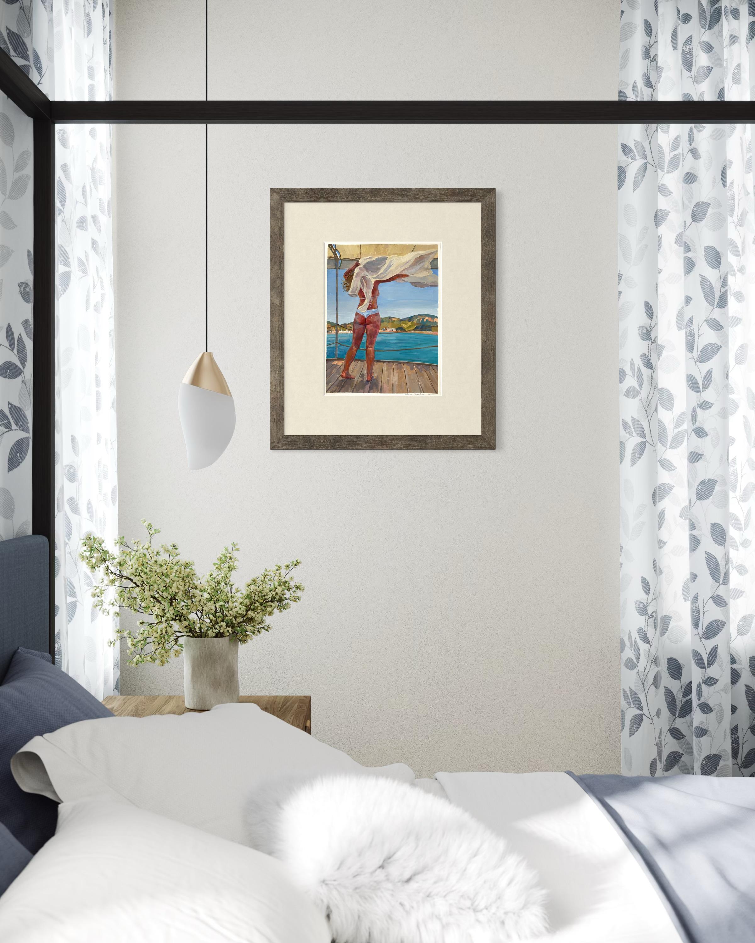 “Warm wind” Original figurative painting. Gouache on paper . Home decor For Sale 10