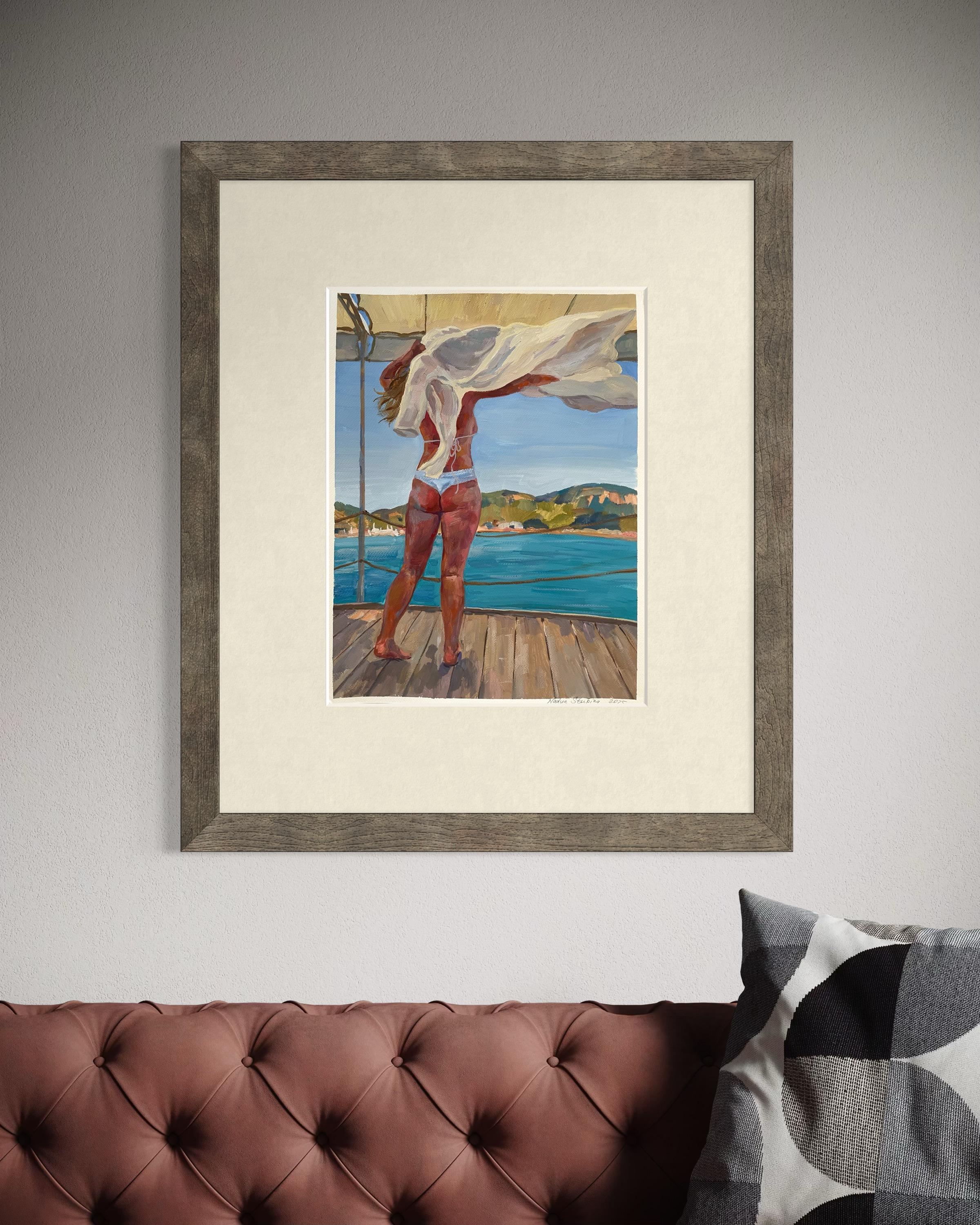 “Warm wind” Original figurative painting. Gouache on paper . Home decor - Painting by Nadezda Stupina