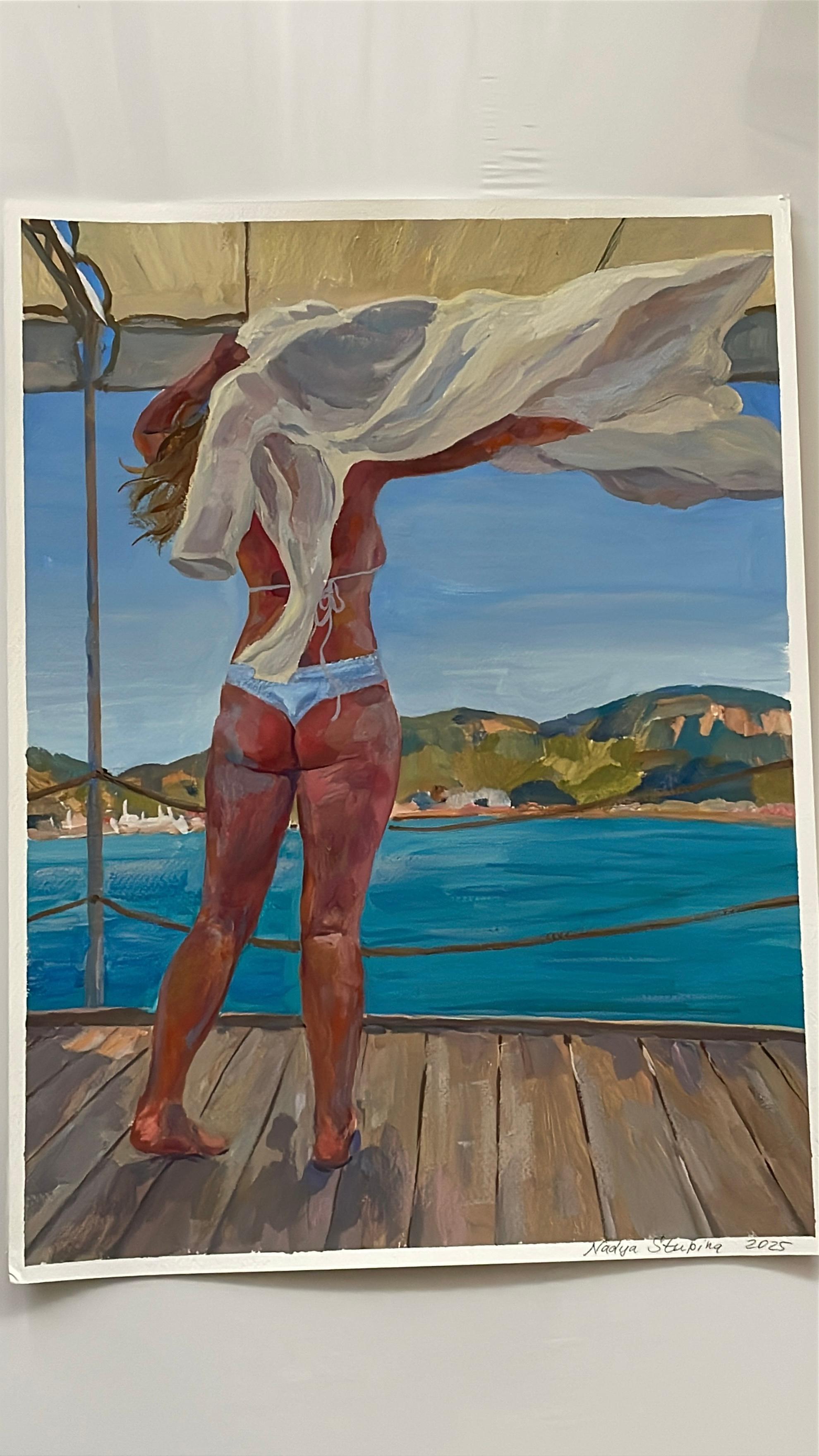 “Warm wind” Original figurative painting. Gouache on paper . Home decor - Gray Figurative Painting by Nadezda Stupina