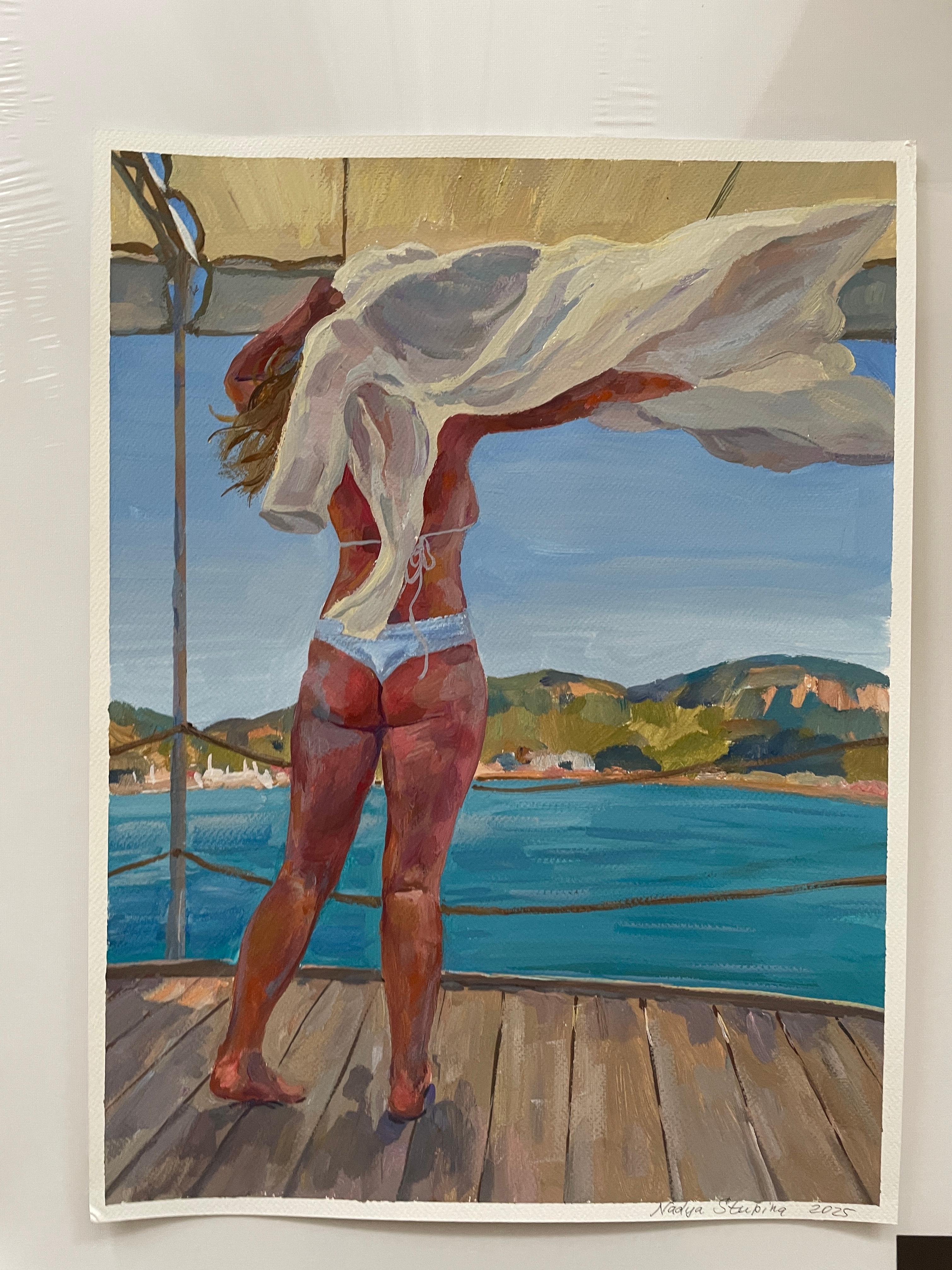 This artwork portrays a sunlit scene of a woman standing on a wooden deck by the sea, capturing the sense of freedom and serenity inherent to coastal life. The woman, seen from behind, is dressed in a white bikini and holds a flowing, translucent