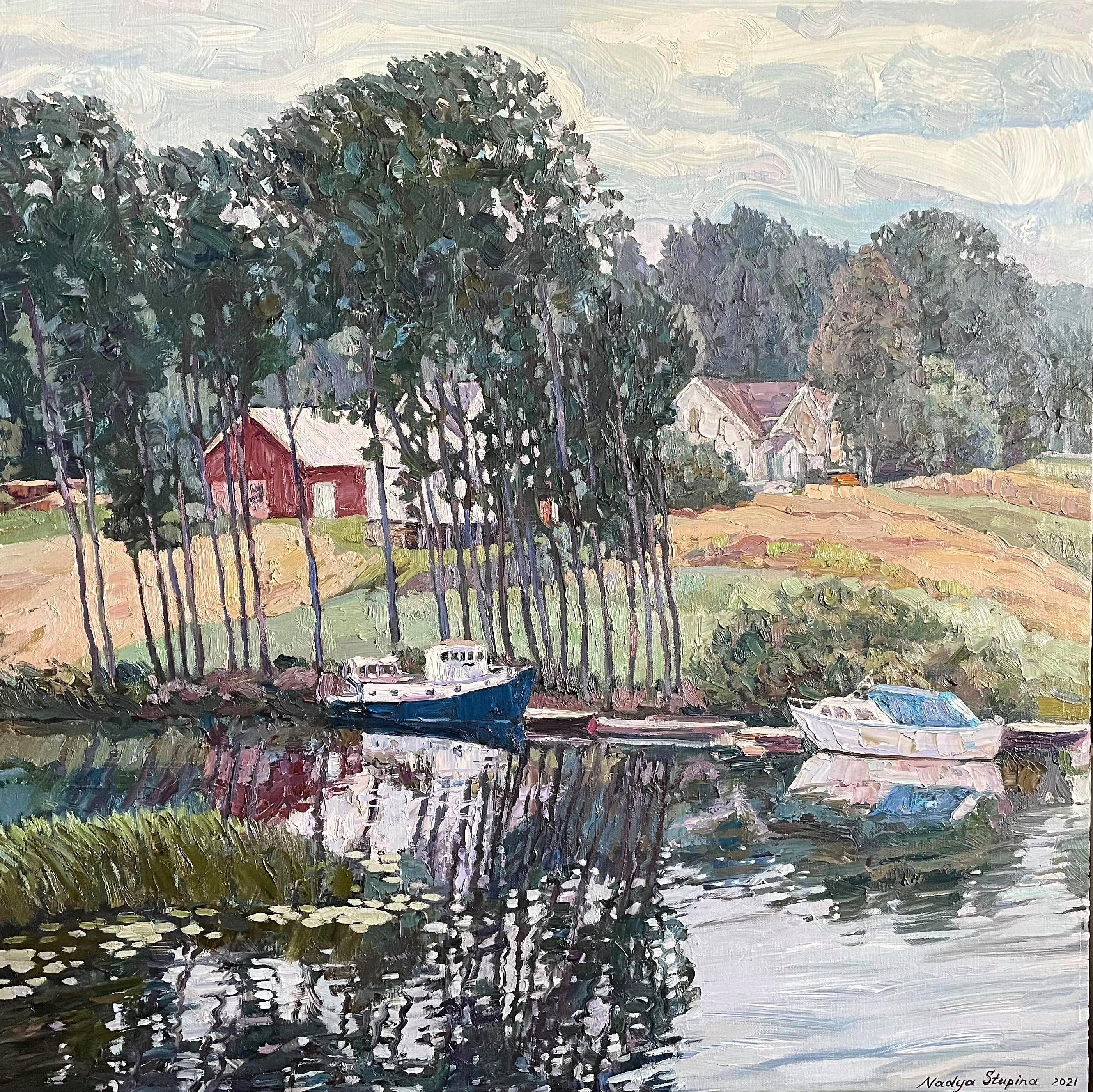 Landscape Painting de Nadezda Stupina - "Día ventoso en Strømfoss" Original paisaje impresionista cuadrado .