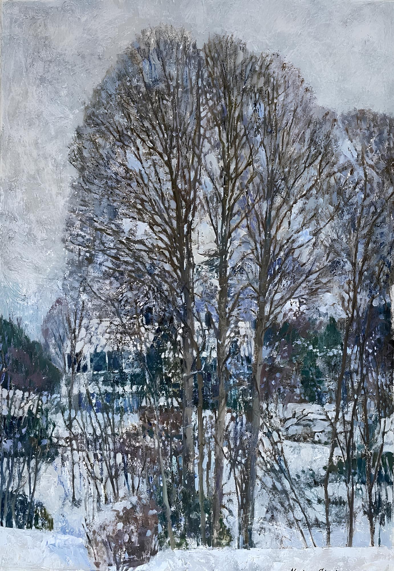 «Winter Brenna 1» Original impressionistic painting. Vertical winter landscape