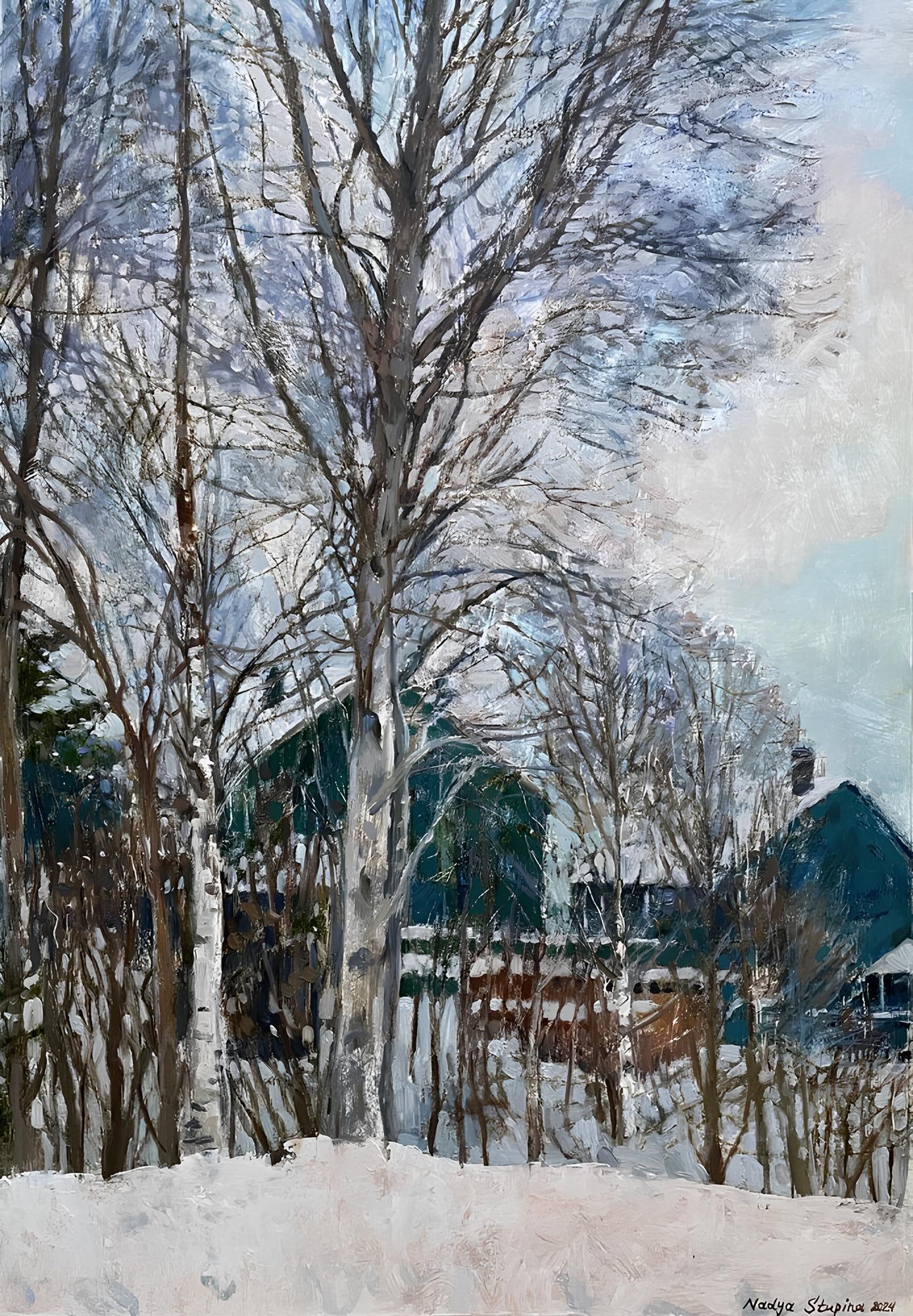«Winter Brenna 2» Original impressionistic landscape. Vertical painting on paper