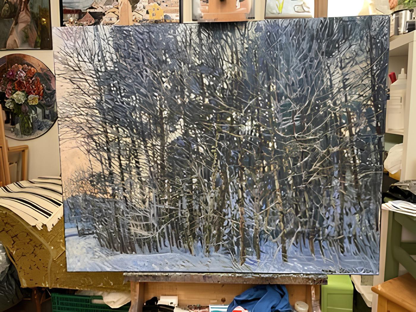 „Winter lace 1“ Original impressionistische Landschaft. Großes Ölgemälde (Grau), Landscape Painting, von Nadezda Stupina