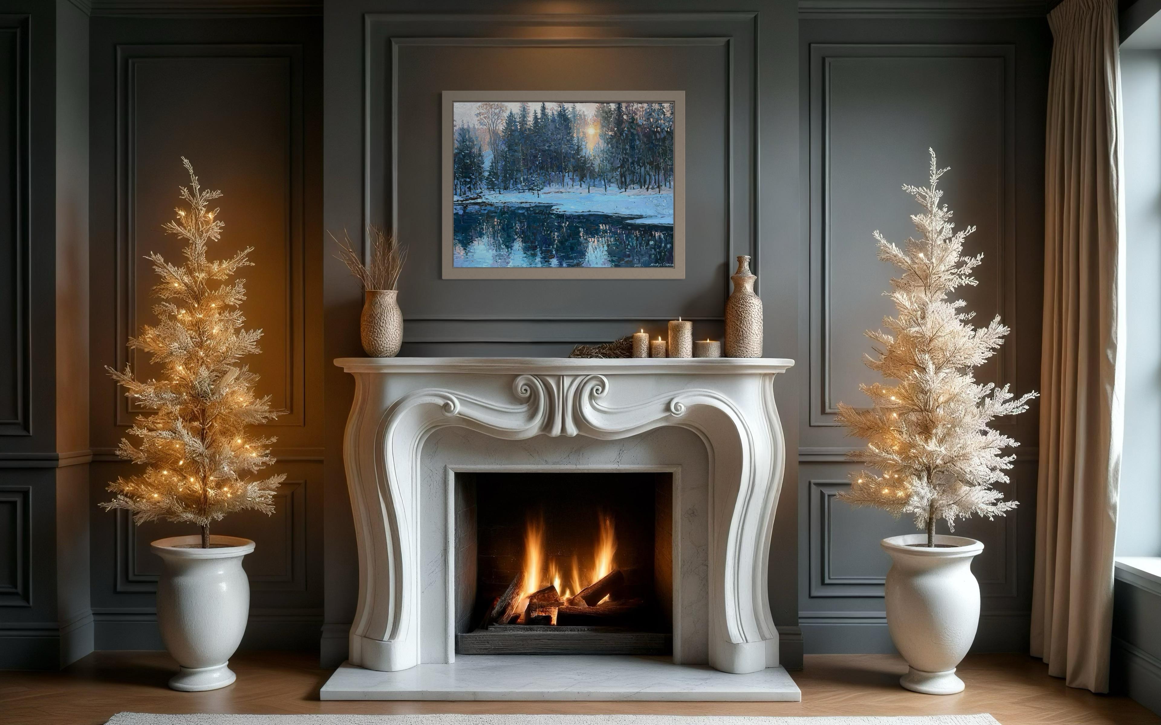 “Winter sun”  Horizontal  landscape oil painting.Impressionism. Snow.Forest. For Sale 8