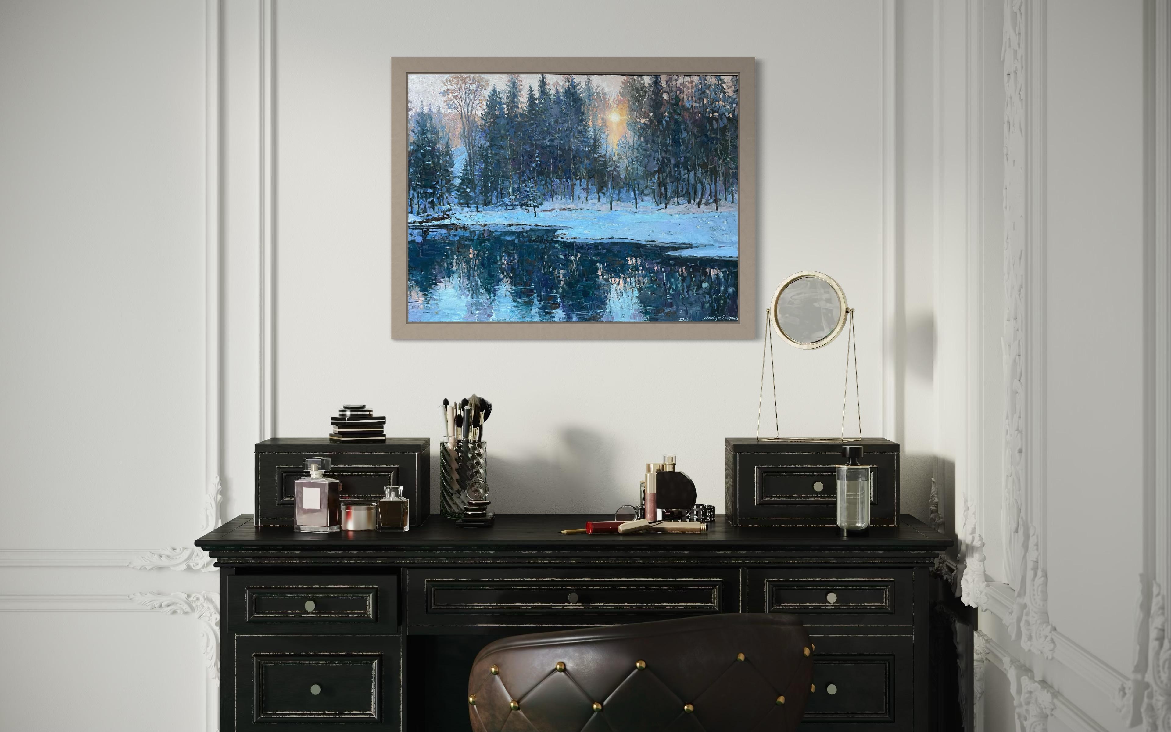 “Winter sun”  Horizontal  landscape oil painting.Impressionism. Snow.Forest. For Sale 10
