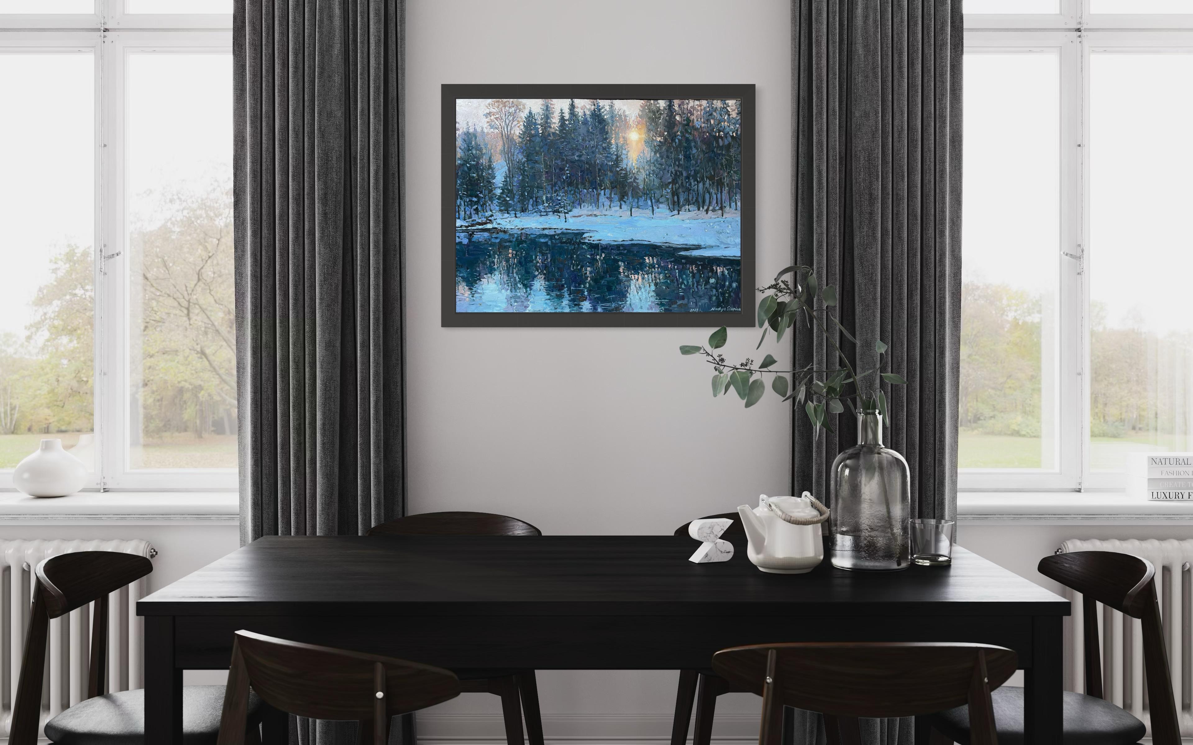 “Winter sun”  Horizontal  landscape oil painting.Impressionism. Snow.Forest. For Sale 12