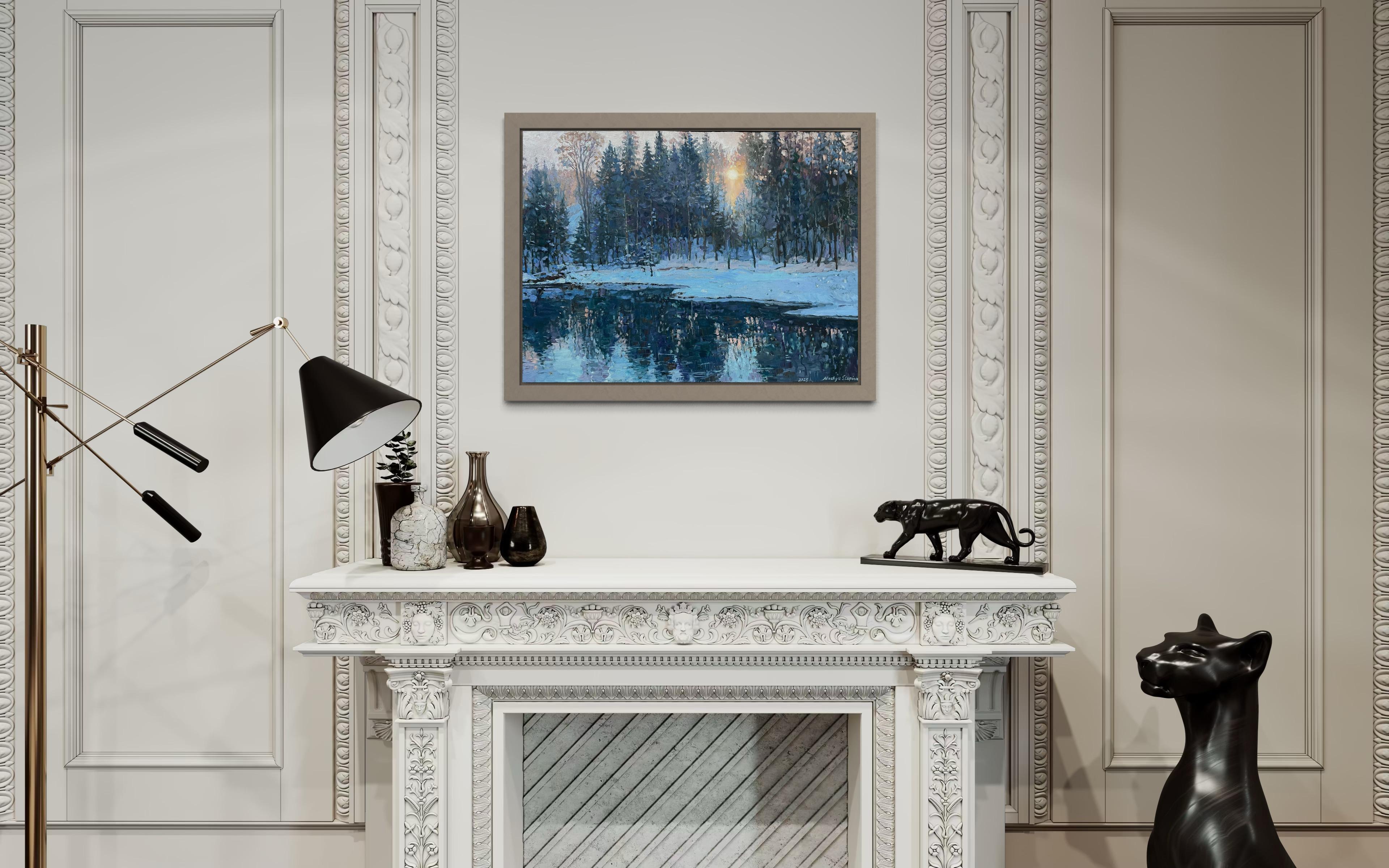“Winter sun”  Horizontal  landscape oil painting.Impressionism. Snow.Forest. For Sale 13