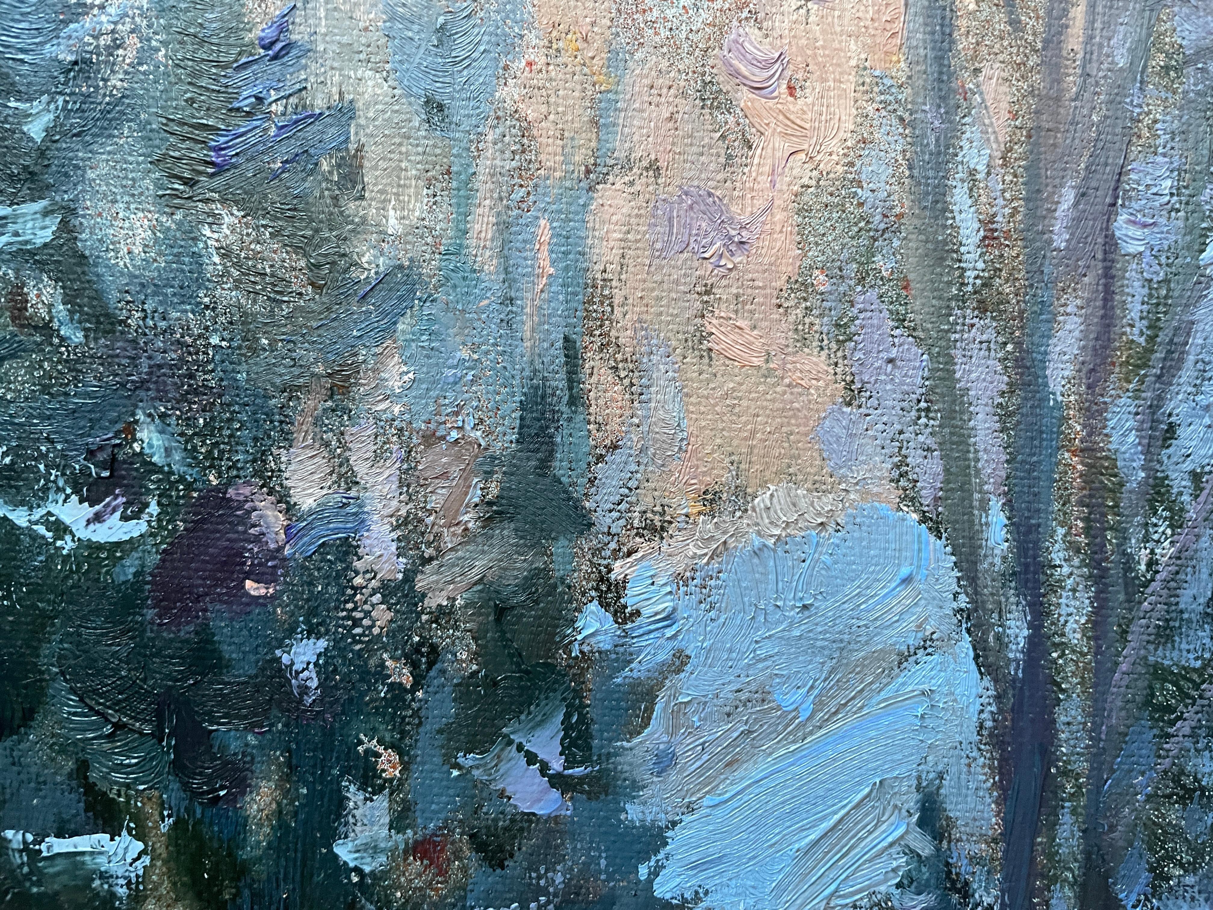 This captivating artwork captures a serene winter landscape, where a dense forest of towering evergreens stands cloaked in glistening snow. The artist masterfully conveys the chill of the season, with the frozen lake mirroring the trees and the
