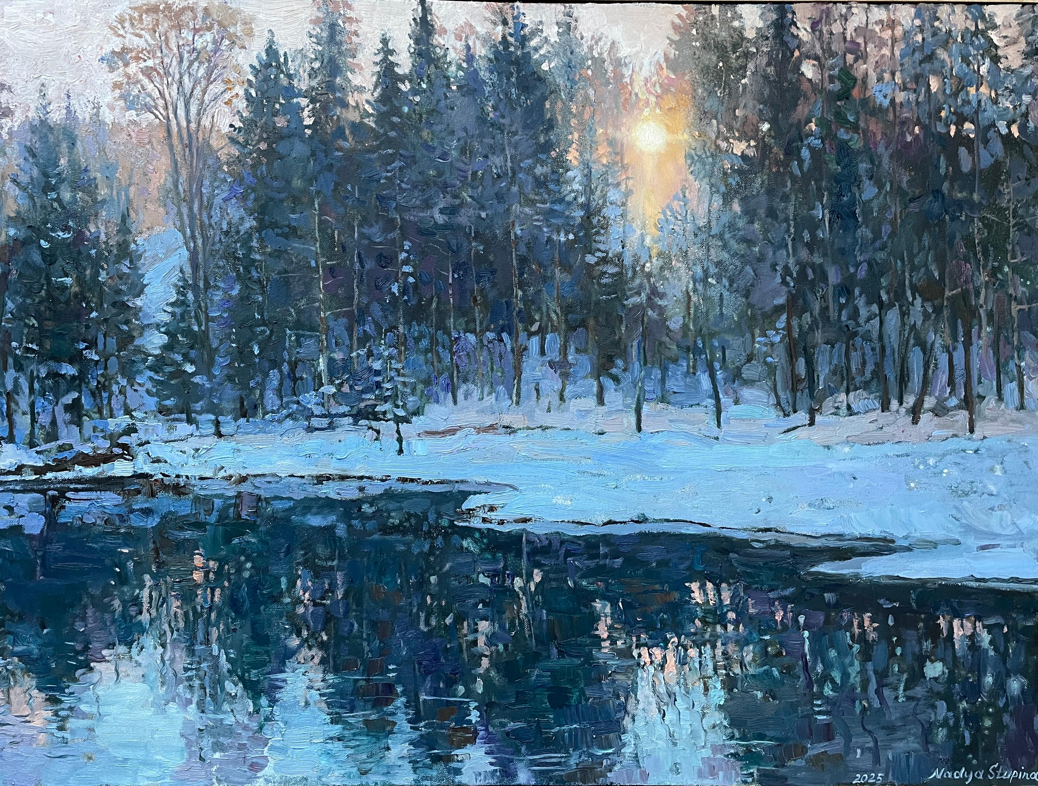 “Winter sun”  Horizontal  landscape oil painting.Impressionism. Snow.Forest.